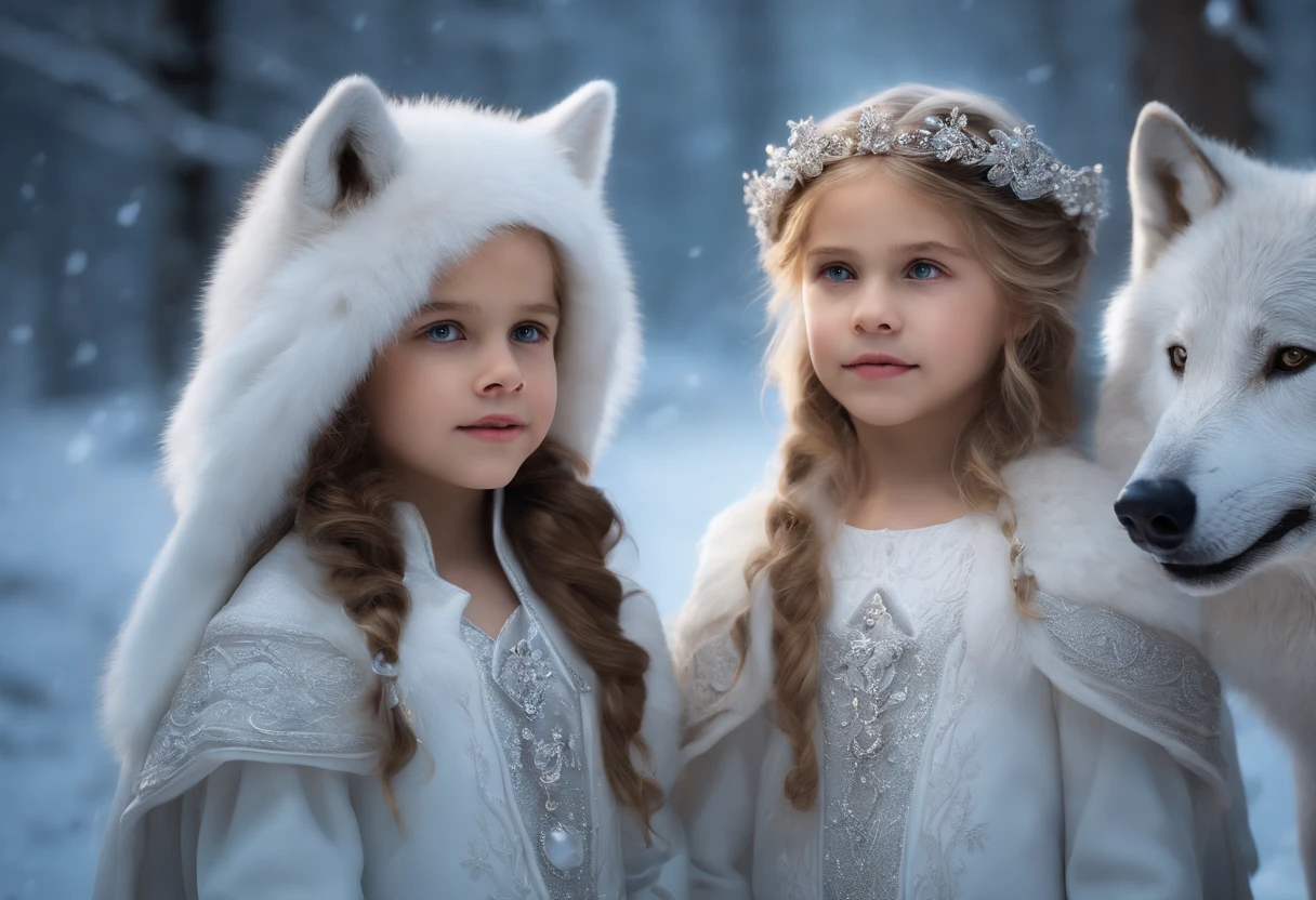 8 YEAR OLD IDENTICAL TWINS WINTER PRINCESSES, WOLVES, WEARING WHITE PRINCESSES DRESSES, WINTER, SNOWING, NATURE, SURRONDED BY WHITE WOLVES,8K, FANTASY, resolution concept art portrait by Greg Rutkowski, Artgerm, WLOP, Alphonse Mucha dynamic lighting hyperdetailed intricately detailed Splash art trending on Artstation triadic colors Unreal Engine 5 volumetric lighting",