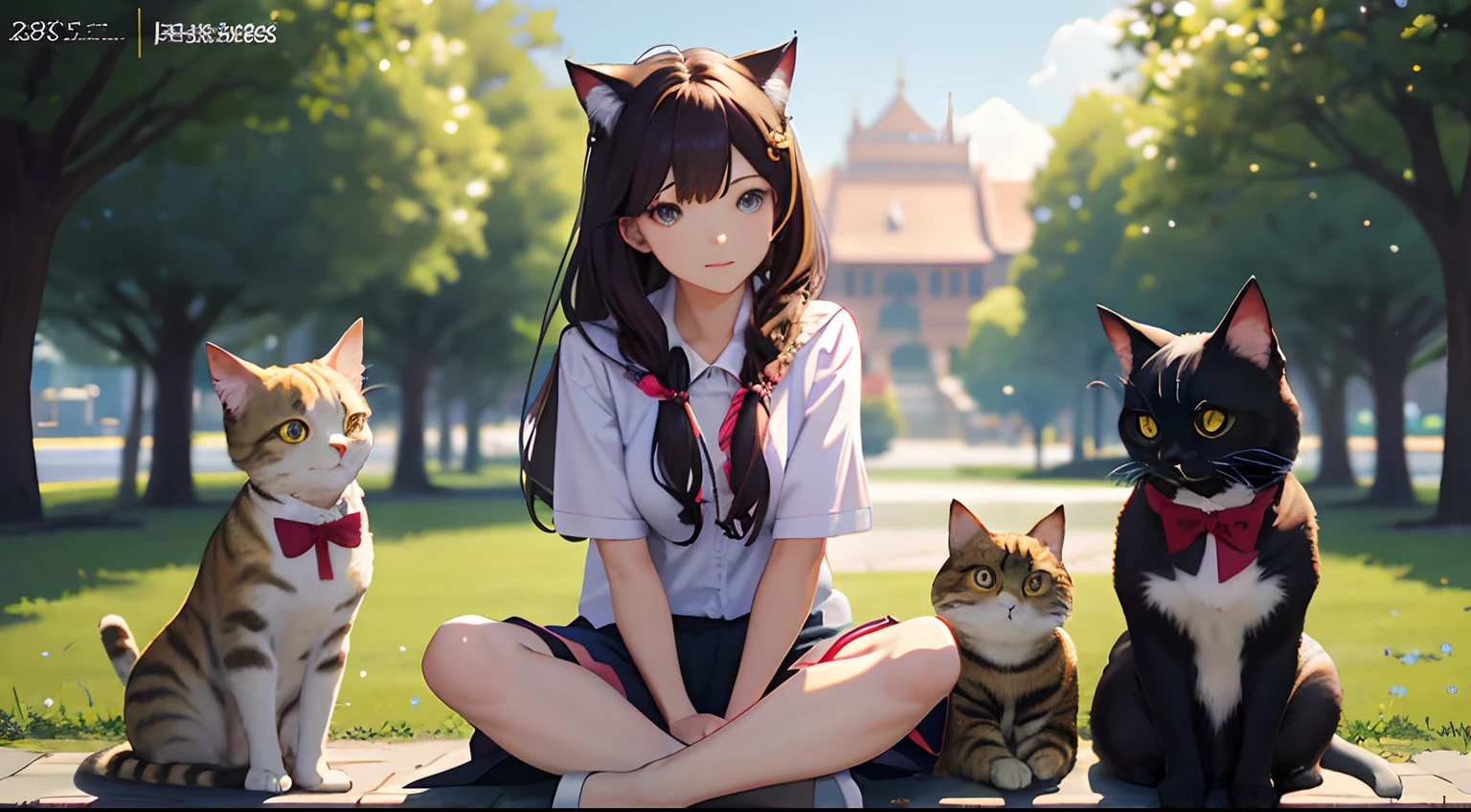 there are three cats sitting next to a woman in a park, realistic anime 3 d style, attractive cat girl, anime realism style, anime style. 8k, very beautiful anime cat girl, artwork in the style of guweiz, anime cat, realistic anime artstyle, beautiful anime catgirl, realistic anime art style, digital anime art, anime style 4 k