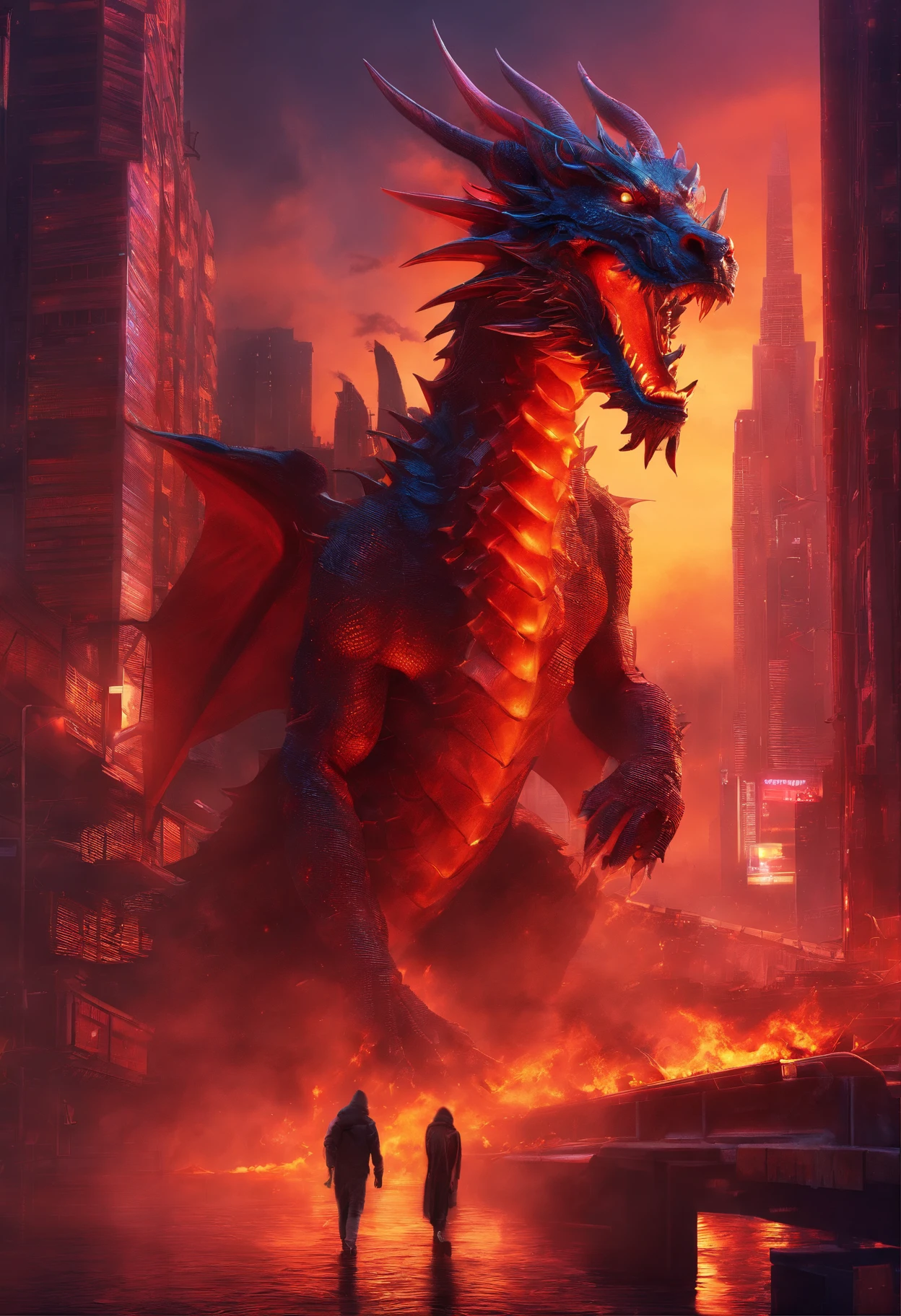 (Dragon celestial dorado) con (ojos penetrantes de color rojo),primer plano soltando (fuego de sangre) por la nariz,escamas bulumetricas,alta calidad,8k,muchos detalles,paticulas de fuego,alas,4patas,garraz manchadas,oro,peligro,fuego,dientes filosos,dragon gigante,colosal,amenazante,imponente,escamas azules