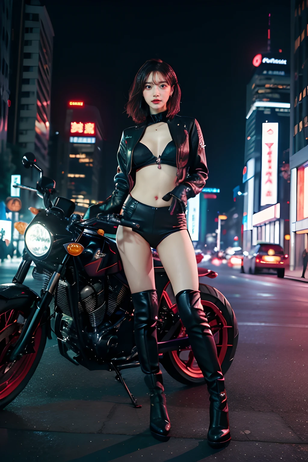 masutepiece,Top image quality,photographic quality, Confident cyberpunk girl, Full body shot, ((Stand in front of the motorcycle)), Sexy Rider Suit, Bold colors and patterns, Eye-catching accessories,huge-breasted, Trendy and innovative hairstyles, Bright makeup, Cyberpunk dazzling cityscape, Skyscrapers, neon signs, led lights, Bright and vivid color scheme, Detailed skin texture, Detailed Cloth Texture, beautifull detailed face, Intricate details, ultra-detailliert.