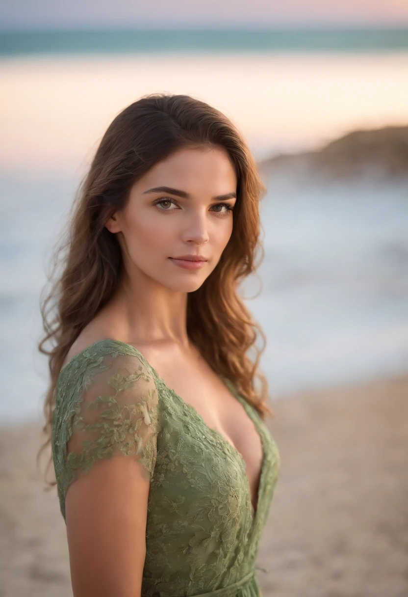 mulher em torno de 19 anos, cabelos castanhos naturais, olhos verdes, esbelta e curvilinea, Beautiful, luz de velas em um ambiente de praia, Ultra sharp focus, tiro realista, roupas femininas de praia, cores tetradicas (cicatriz:1.4)