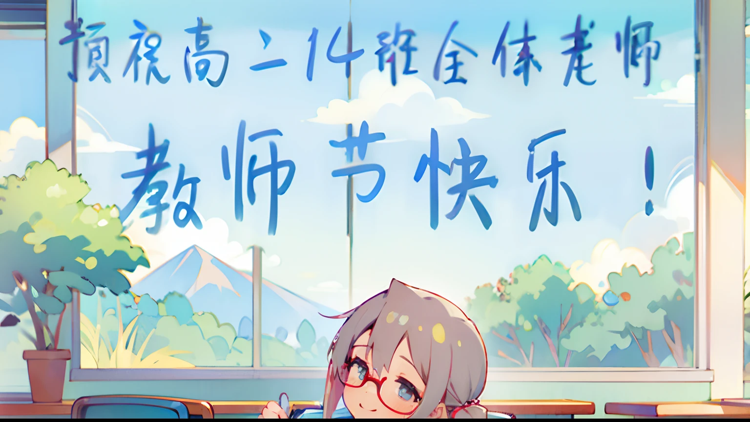 Best quality, (Masterpiece:1.2), Highly detailed, Outdoors, school,classroom
1 Girl,((Teacher)) Solo, ssmile, reading book,Glasses