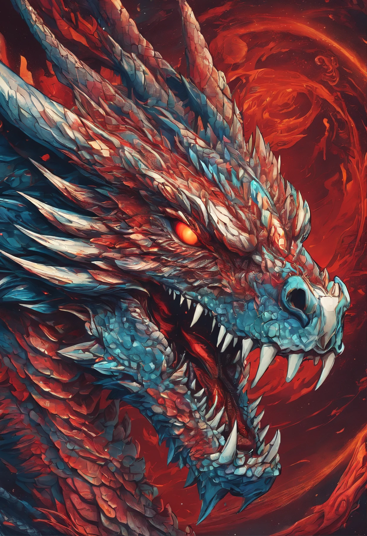 (Dragon celestial dorado) con (ojos penetrantes de color rojo),primer plano soltando (fuego de sangre) por la nariz,escamas bulumetricas,alta calidad,8k,muchos detalles,paticulas de fuego,alas,4patas,garraz manchadas,oro,peligro,fuego,dientes filosos,dragon gigante,colosal,amenazante,imponente,escamas azules