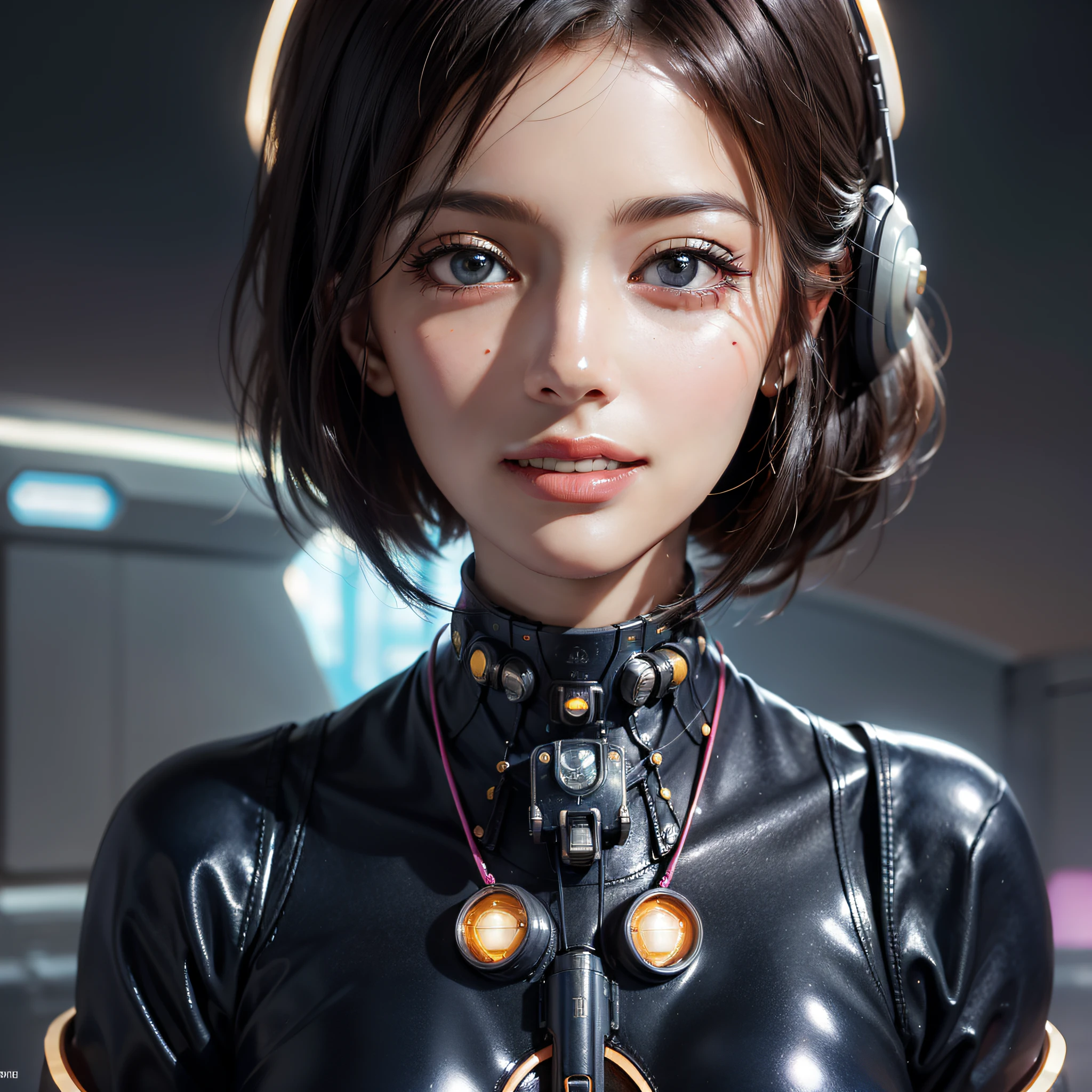 （top-quality，8K，tmasterpiece：1.3），beautiful  Girl，（The large：1.3），Super Detailed Face，very detailed lips，Detailed eyes，二重まぶた，Beautiful face, (Realistic face), (Black hair, Short hair:1.3), Beautiful hairstyle, Realistic eyes, Beautiful detailed eyes, (Realistic skin), Beautiful skin, Absurd, Attractive, Ultra High Resolution, A hyper-realistic, High Definition, Golden ratio，resplendent smile、(masutepiece,absurderes, hight resolution,Ultra-detailed, Best Quality:1.2),cute little,(retrofuturism:1.8),
1girl in,Lori,Solo,Full body shot,
Happy smile,Laughing,Open mouth,Long hair,Brown hair,navy hair,
reflect,（best qualtiy：1.2），（super-fine：1.2），Beautiful，（Very sophisticated、Beautiful fece：1.2），looking at me，（beatiful detailed eyes：1.1），（Detail light：1.1），