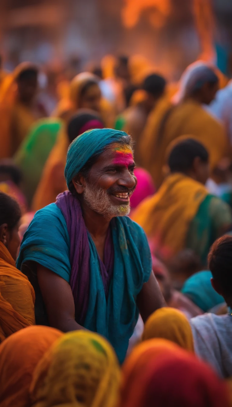 Capture a vibrant Holi celebration, people covered in colorful powders, and vivid expressions of joy