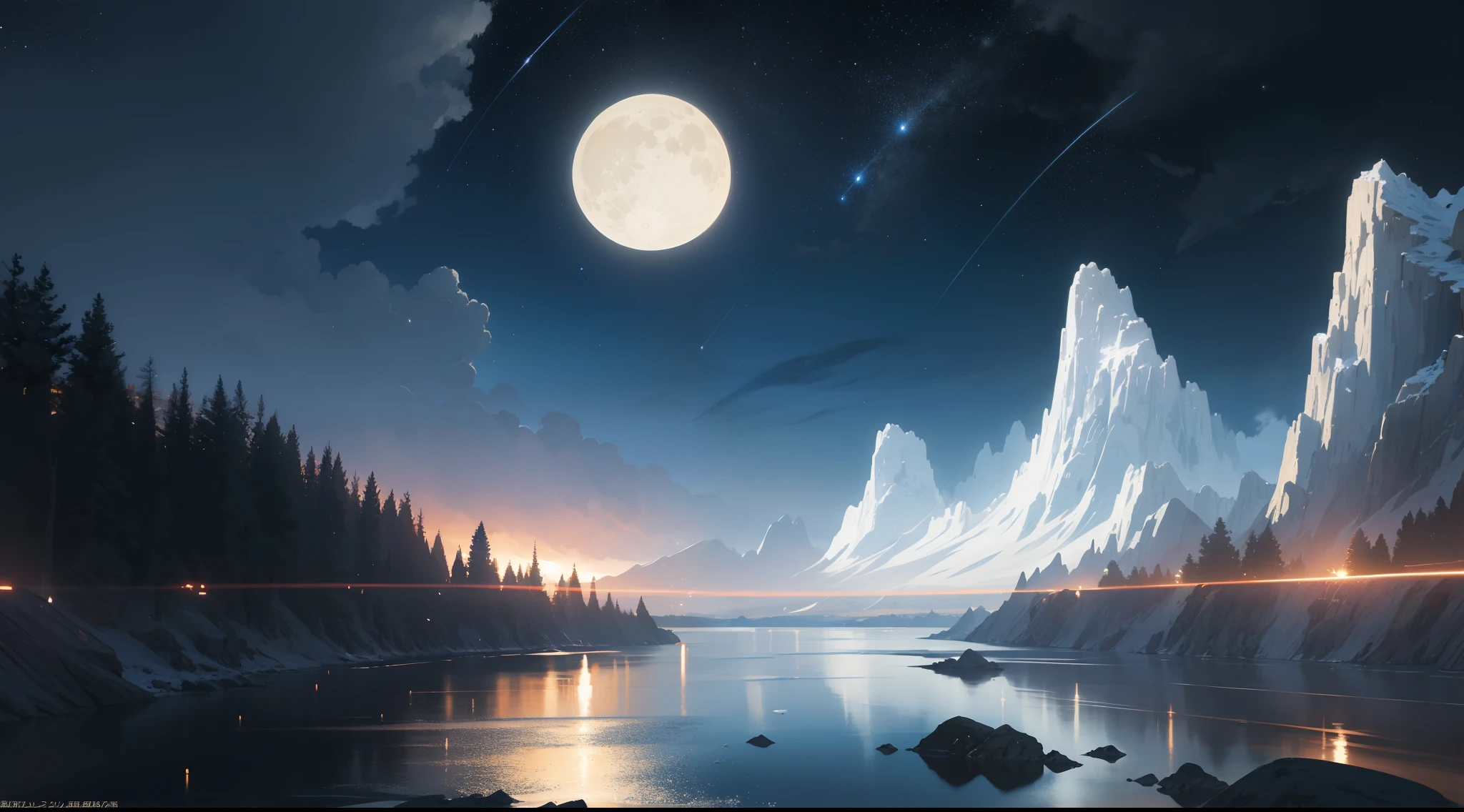 A painting of a river with stars and moon in the sky, concept art inspired by Tosa Mitsuoki, pixiv contest winner, best quality, fantasy art, beautiful anime scene, a bright moon, moonlit starry environment, dream painting, Anime Background Art, Fantasy Landscape Art, Fantasy Night, Anime Background, Background Artwork, Fantastic Art, Atmospheric Anime, Starry Sky, Detail Enhanced.