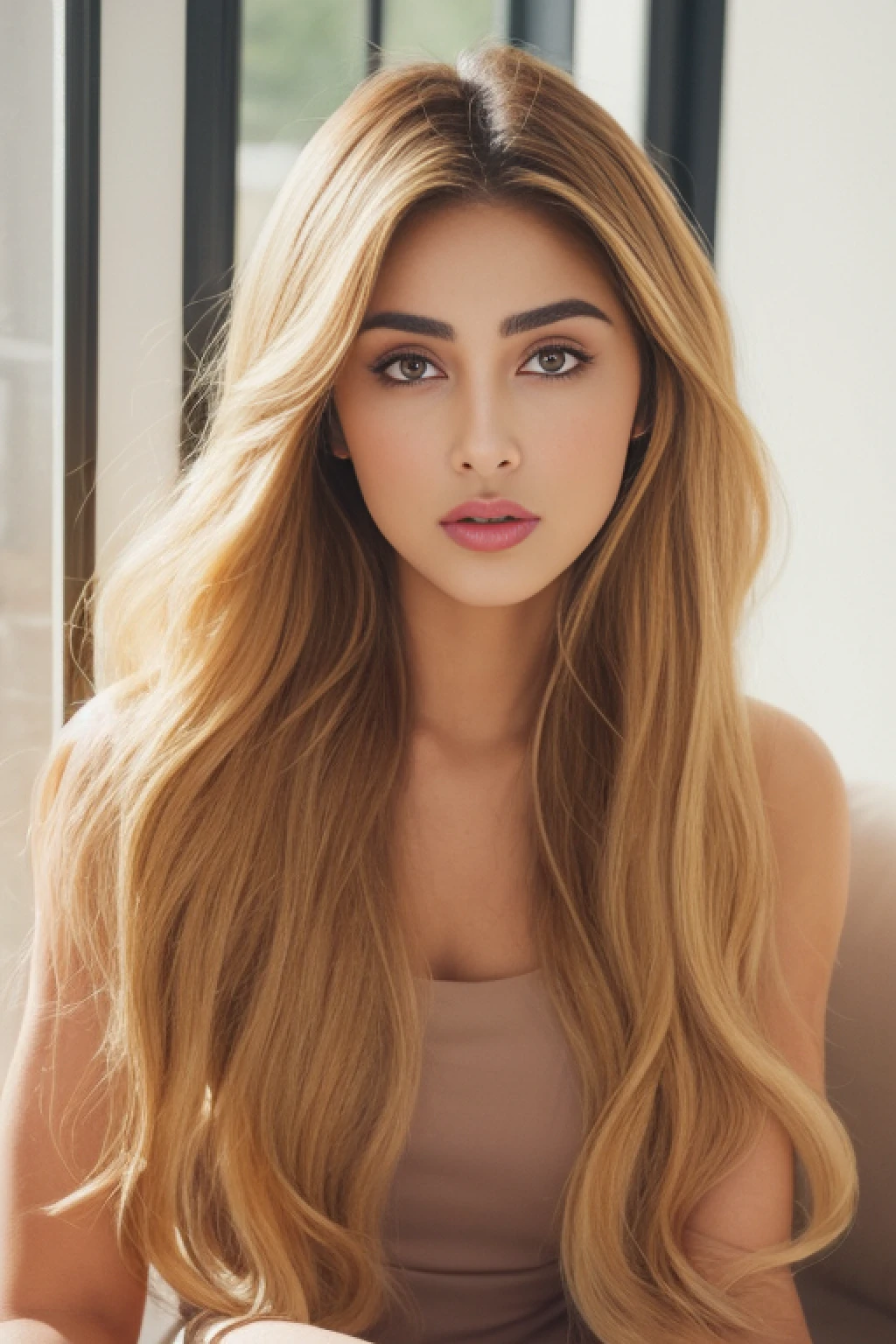arafed woman sitting in sunny living room, a portrait inspired by Gina Pellón, instagram, tachisme, violet myers, lorena avarez, olivia culpo, alanis guillen, looks like laura barriales, portrait sophie mudd, tanned ameera al taweel, beautiful indian woman, blonde hair
