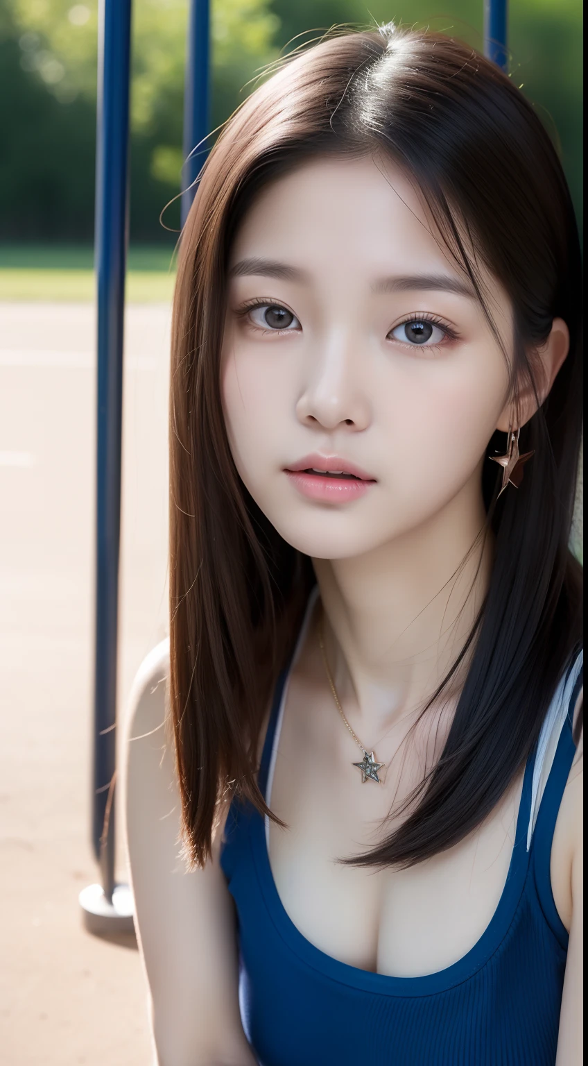 realistic photos of 1 cute Korean star, straight hair, white skin, thin makeup, 32 inch breasts size, wearing tank top, sitting in playground, close-up portrait, UHD