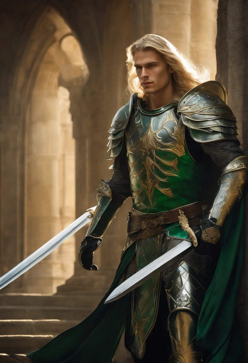 An angel with long, blond hair with emerald green eyes long wings and with a black retreat he is wearing a medieval armor with a golden tors, with silver details on his armor and his waist, has a medieval sword;