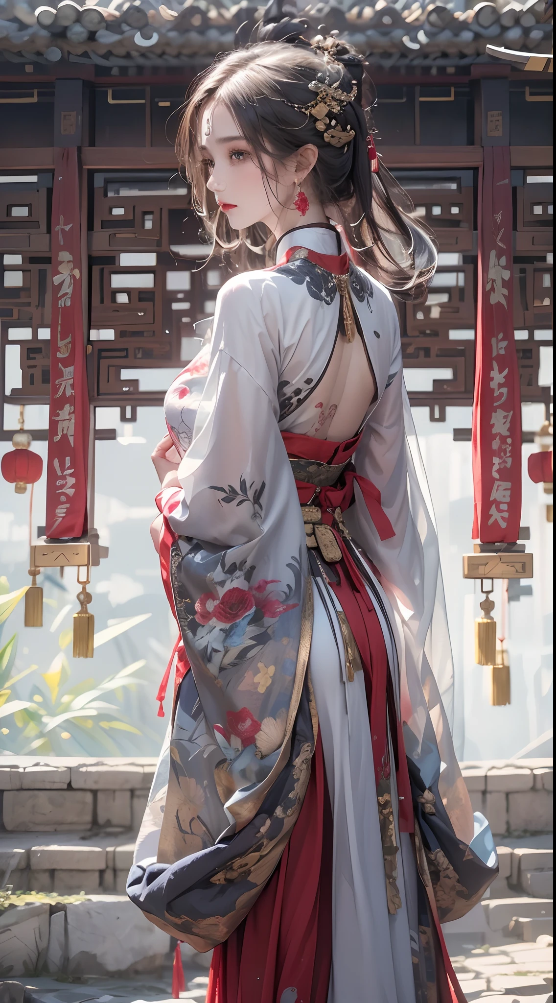 Photorealistic, high resolution, 1 woman, hips up, Beautiful eyes, Long hair, ringed eyes, jewelry, tattoo, hanfu, Chinese fairy, taoist uniform, back view