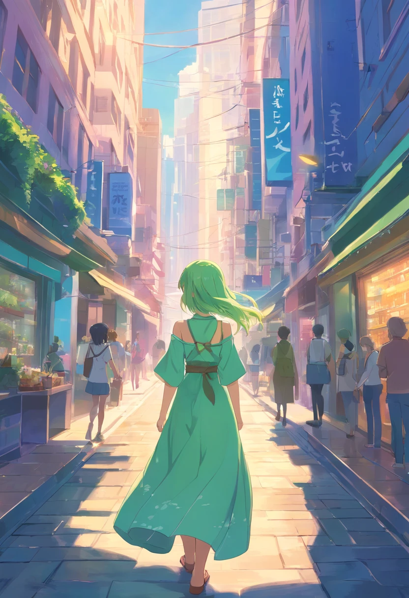 Advancedsense,high qulity,High pixel,Rapunzel sister,clothes details,Dress by the sea,Light green hair,Wandering on the edge of the city,Blue pupil,Sky gardens,Gothic glass,Character details,