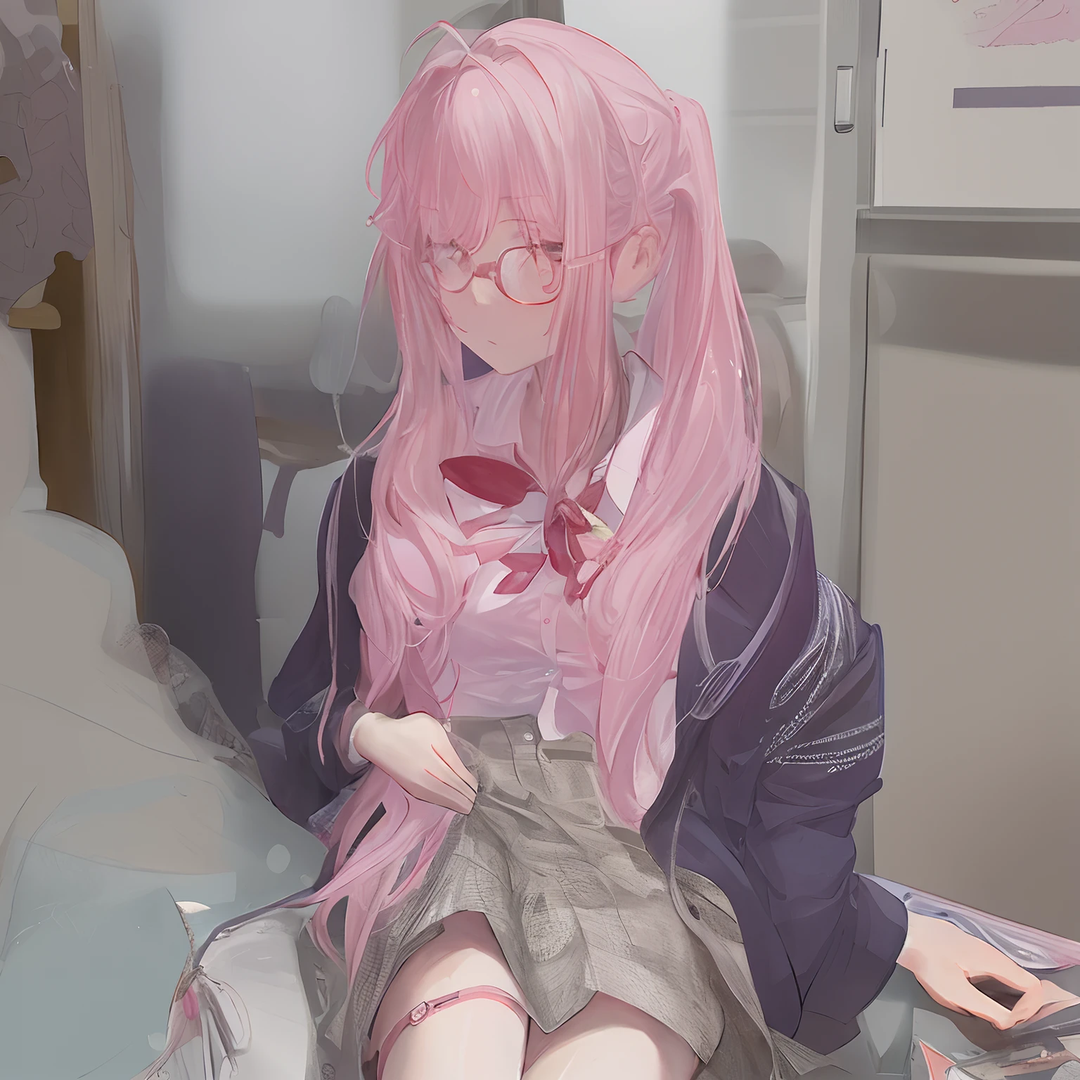 A Japanese high school girl is coming home from school and changing her clothes, exposing her skin.She is wearing a navy blazer, a plaid/checkered skirt, black knee-high socks, and has long pink hair, wearing glasses.The genitals are exposed and conspicuous.I'm changing clothes in my room and I'm naked. She doesn't even wear underwear.