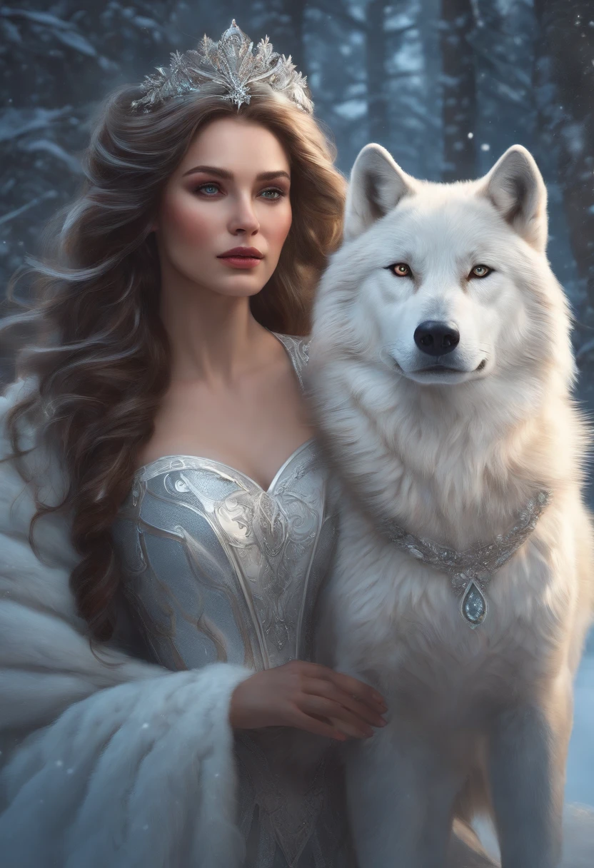 WINTER PRINCESS, WOLVES, WEARING WHITE PRINCESSES DRESSES, WINTER, SNOWING, NATURE, SURRONDED BY WHITE WOLVES,8K, FANTASY, resolution concept art portrait by Greg Rutkowski, Artgerm, WLOP, Alphonse Mucha dynamic lighting hyperdetailed intricately detailed Splash art trending on Artstation triadic colors Unreal Engine 5 volumetric lighting",