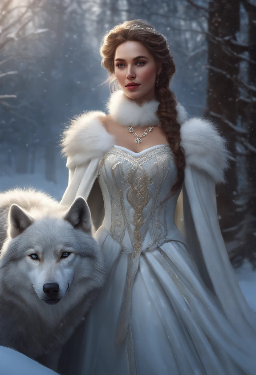 WINTER PRINCESS, WOLVES, WEARING WHITE PRINCESSES DRESSES, WINTER, SNOWING, NATURE, SURRONDED BY WHITE WOLVES,8K, FANTASY, resolution concept art portrait by Greg Rutkowski, Artgerm, WLOP, Alphonse Mucha dynamic lighting hyperdetailed intricately detailed Splash art trending on Artstation triadic colors Unreal Engine 5 volumetric lighting",