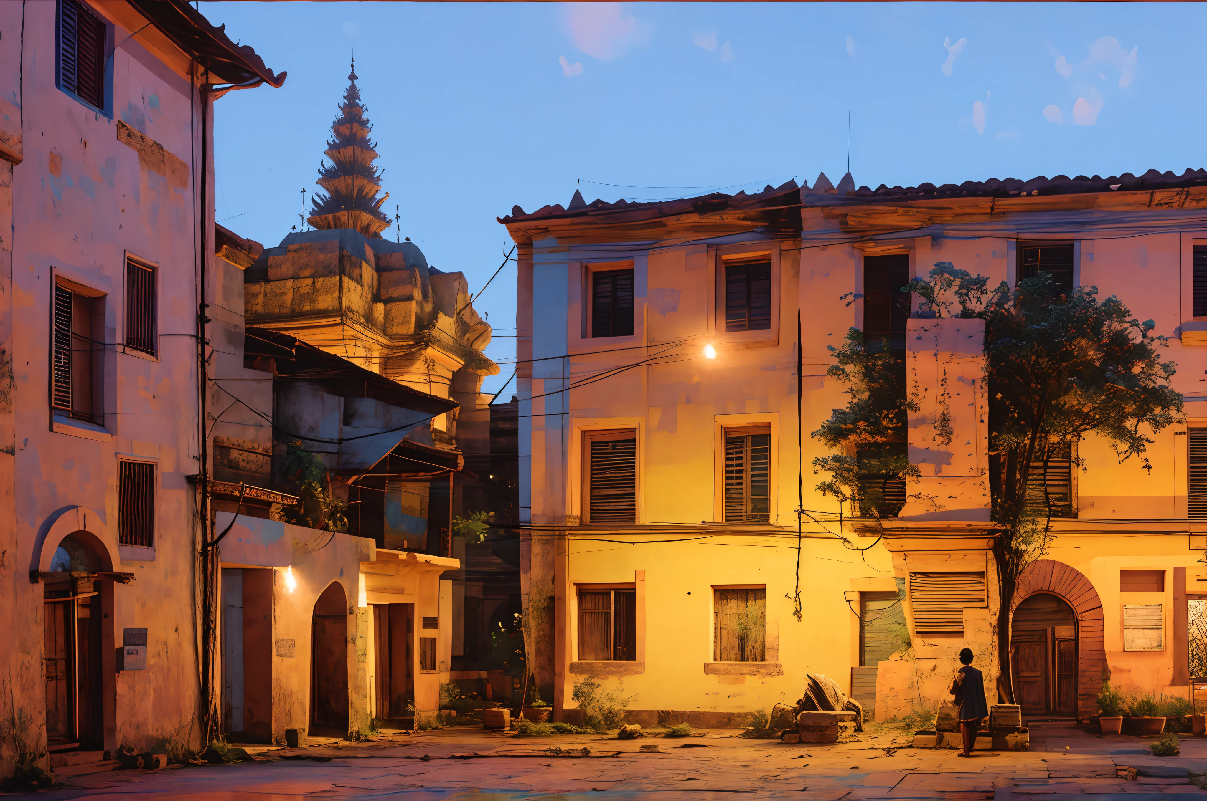 photography of an cambodgian square, with a great tree in the background, at dawn, hyperrealism