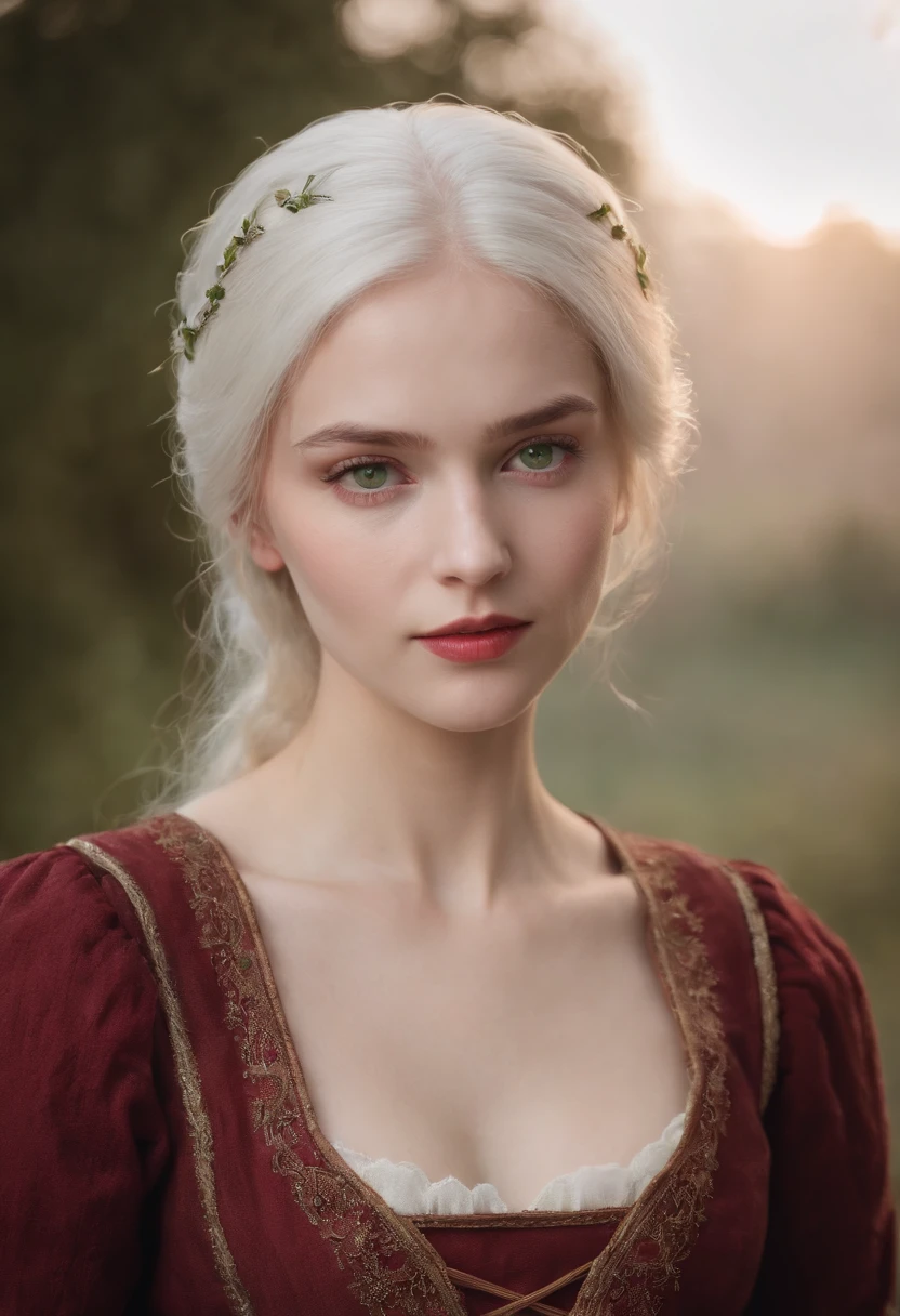 (((a deep reddish wound crosses her left cheek))) fair complexion, woman around 19 years old, natural white hair, distinctive green eyes, wearing kohl, slender and graceful, beautiful, candlelight in a medieval setting, ultra sharp focus, realistic shot, medieval female clothes, tetradic colors (scar:1.4)