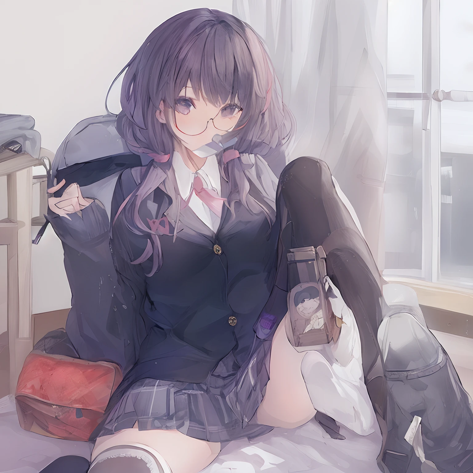 A Japanese high school girl is coming home from school and changing her clothes, exposing her skin.She is wearing a navy blazer, a plaid/checkered skirt, black knee-high socks, and has long pink hair, wearing glasses.The genitals are exposed and conspicuous.I'm changing clothes in my room and I'm naked. She doesn't even wear underwear.