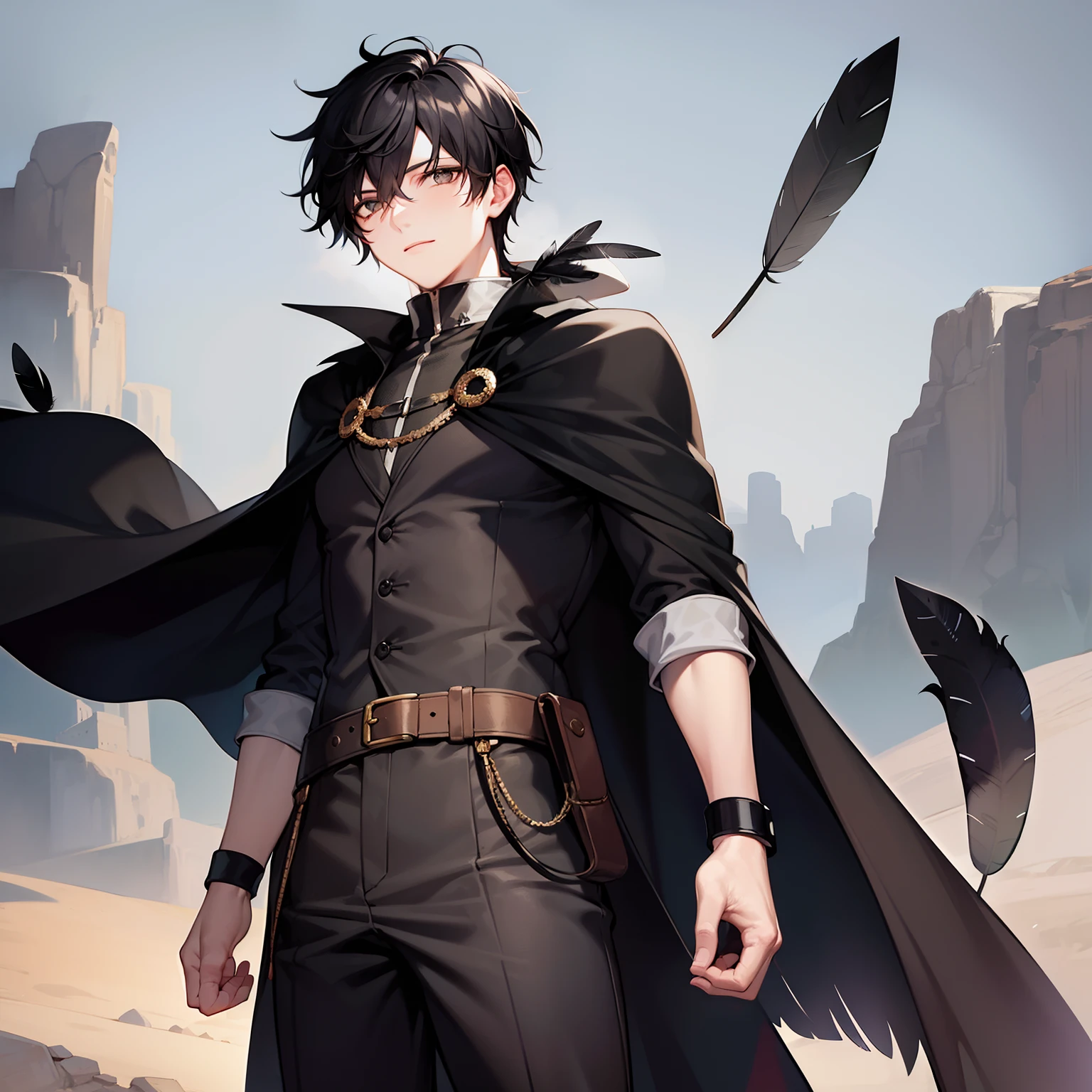 Young man, black hair, gray eyes, ((black old clothes)), (((feather cape))), (collars), solo, in a desert, looking at the viewer,cowboy shot, masterpiece