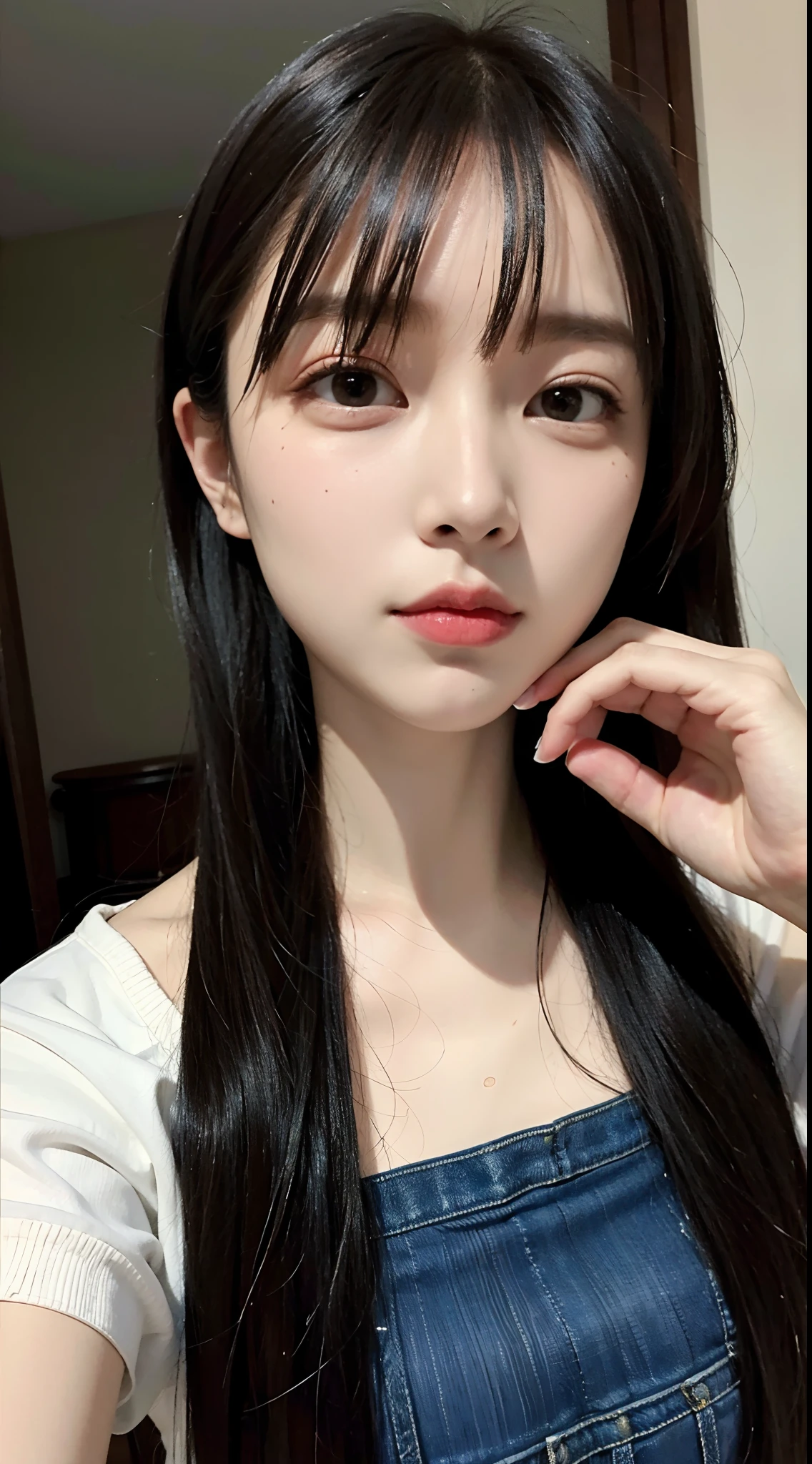 8k、High resolution、Maid Fashion、beautiful girl、、young、White skin,、Narrow eyes,High nose,Face lighting、Clear images、Intellectual beauty、skinny、No makeup、Anxious expression、Face lighting,Shiny Hair、single eyelid,blue eyes,,{{bangs:1.6}},,{{Straight Hai:1.6}}