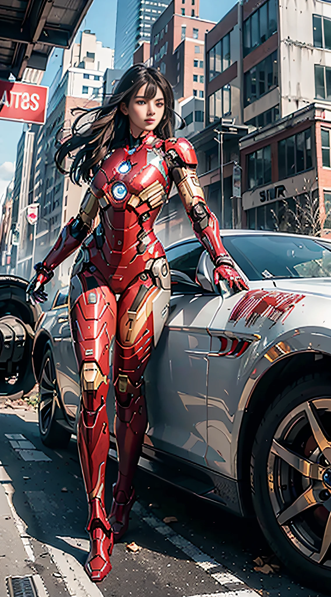 RAW, Masterpiece, Ultra Fine Photo,, Best Quality, Ultra High Resolution, Photorealistic, Sunlight, Full Body Portrait, Stunningly Beautiful,, Dynamic Poses, Delicate Face, Vibrant Eyes, (Side View) , she is wearing a futuristic Iron Man mech, red and gold color scheme, highly detailed abandoned warehouse background, detailed face, detailed and complex busy background, messy, gorgeous, milky white, high detailed skin, realistic skin details, visible pores , sharp focus, volumetric fog, 8k uhd, dslr camera, high quality, film grain, fair skin, photorealism, lomography, sprawling metropolis in futuristic dystopia, view from below, translucent