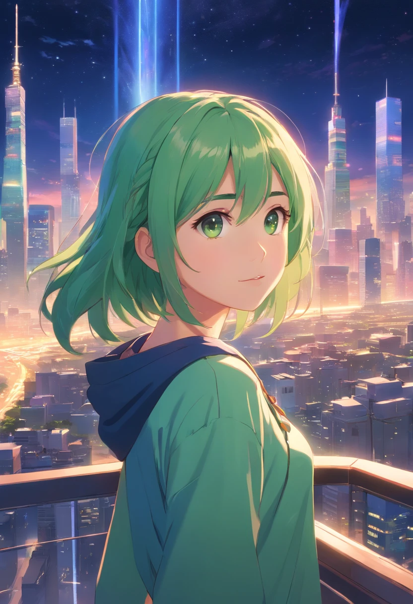 Advancedsense，high qulity，High pixel，Rapunzel sister，clothes details，Hipster attire，Light green hair，Wandering on the edge of the city，Blue pupil，Sky loft，Starry Sky Top，Character details，