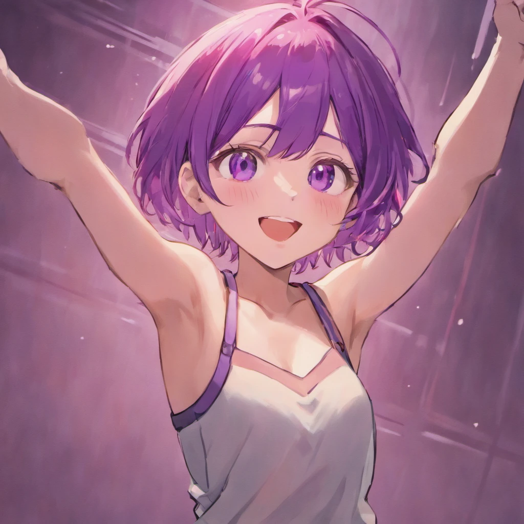 Short purple hair, Girl, presenting armpit, Sleeveless, Open stand, Smile, (full bodyesbian)