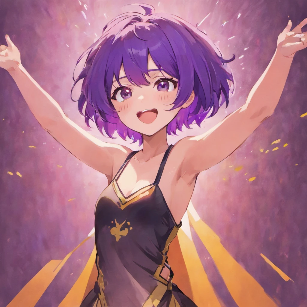 Short purple hair, Girl, presenting armpit, Sleeveless, Open Mount, Smile, (full bodyesbian)