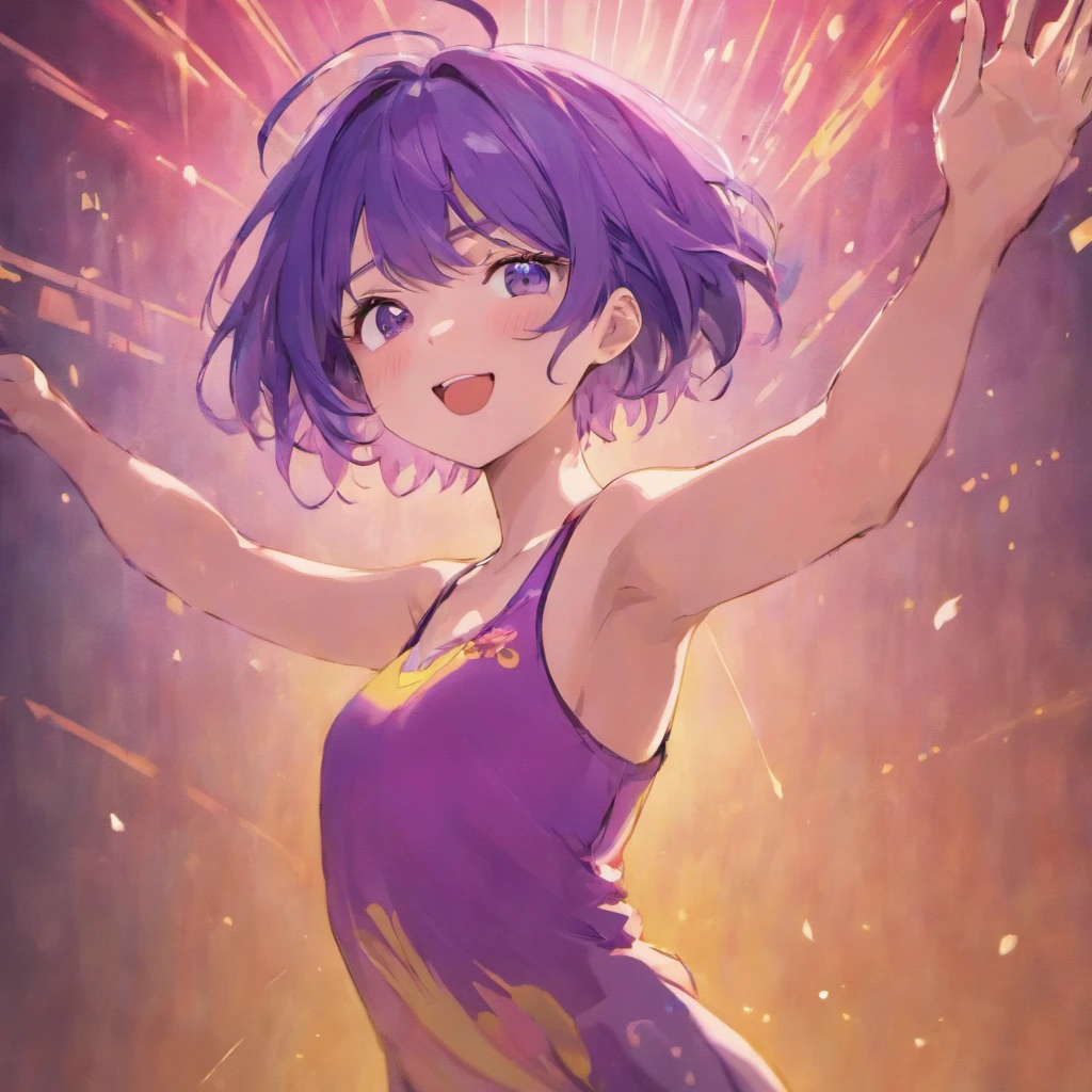 Short purple hair, Girl, presenting armpit, Sleeveless, Open stand, Smile, (full bodyesbian)