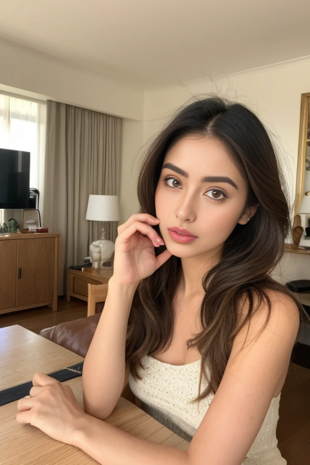 arafed woman posing for the camera in sunny living room, a portrait inspired by Gina Pellón, instagram, tachisme, violet myers, lorena avarez, olivia culpo, alanis guillen, looks like laura barriales, portrait sophie mudd, tanned ameera al taweel, beautiful indian woman, blonde hair