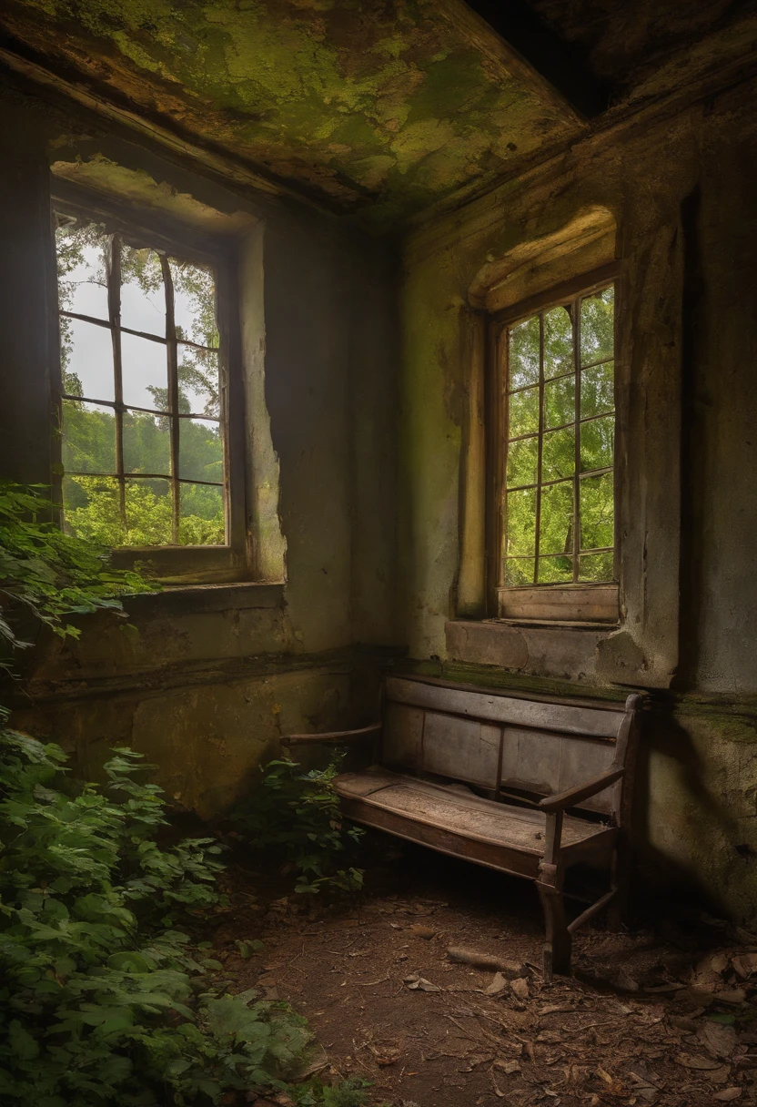 (a village in ruins,overgrown plantation,abandoned buildings),oil painting,dilapidated houses,crumbling walls,weathered wood,textured foliage,lost in time,decaying beauty,ghostly atmosphere,vivid colors,sunlight streaming through the trees,subtle shadows,dappled light,peaceful solitude.