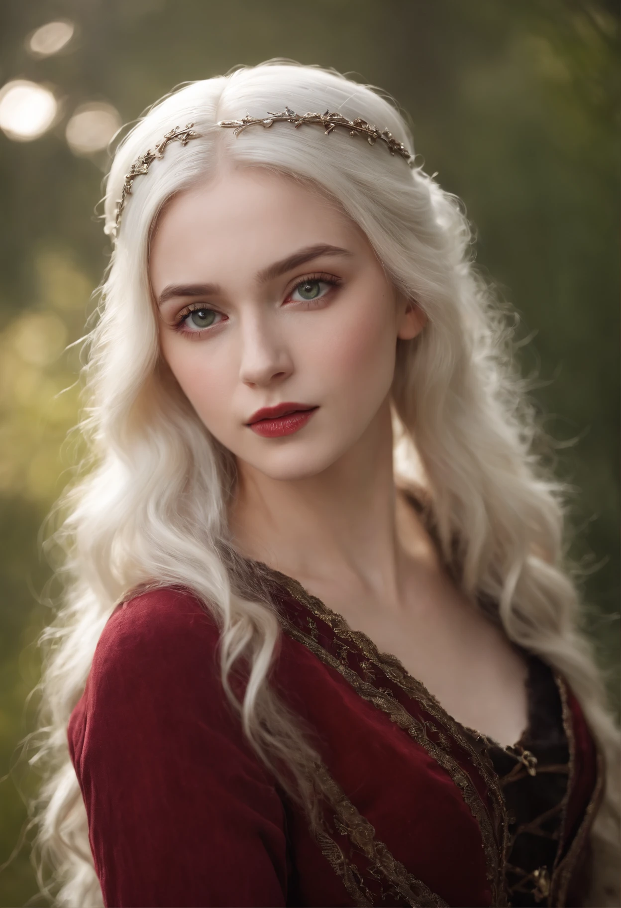 (((a deep reddish wound crosses her left cheek))) fair complexion, woman around 19 years old, natural white hair, distinctive green eyes, wearing kohl, slender and graceful, beautiful, candlelight in a medieval setting, ultra sharp focus, realistic shot, medieval female clothes, tetradic colors (scar:1.4)