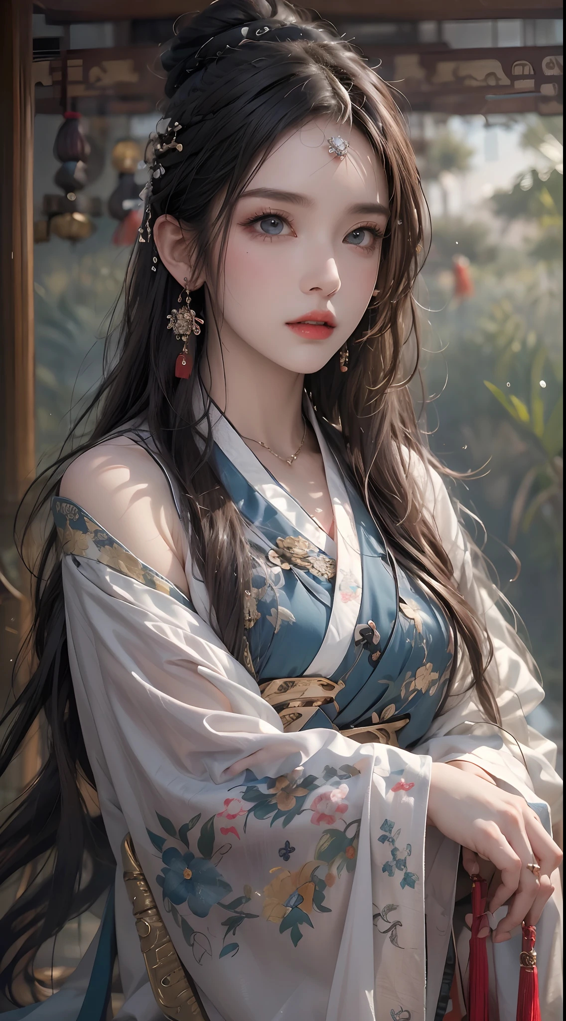 Photorealistic, high resolution, 1 woman, hips up, Beautiful eyes, Long hair, ringed eyes, jewelry, tattoo, hanfu, Chinese fairy, taoist uniform, kneeling