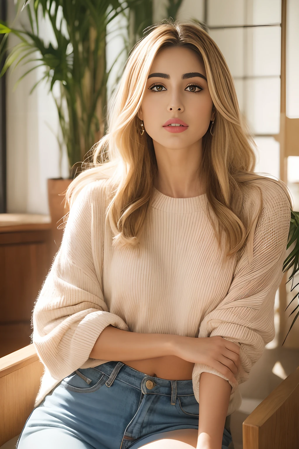 arafed woman sitting in sunny living room, a portrait inspired by Gina Pellón, instagram, tachisme, violet myers, lorena avarez, olivia culpo, alanis guillen, looks like laura barriales, portrait sophie mudd, tanned ameera al taweel, beautiful iranian woman, blonde hair