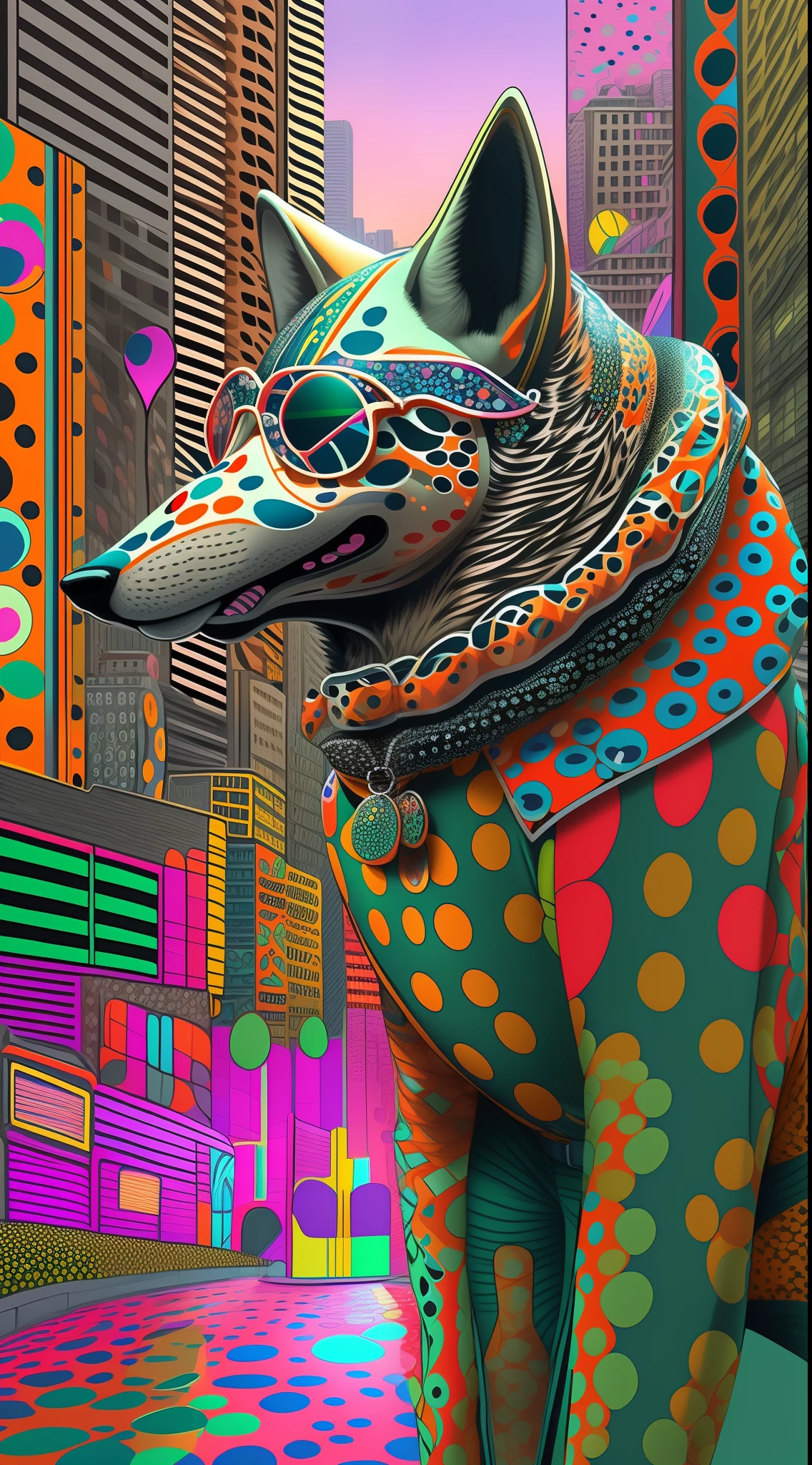 (1 wolf dog (anthropomorphic turtle))wearing a choker,with tattoos, sunglasses, Black leather jacket,Stand in the middle of an empty city, (((full bodyesbian))), concept-art, trending on artstationh, Hyperrealistic, Vivid colors, rim-light, Extremely detailed Cg Unity 8K wallpaper, trending on artstationh, Yayoi Kusama's pop art style, Intricate, High detail
