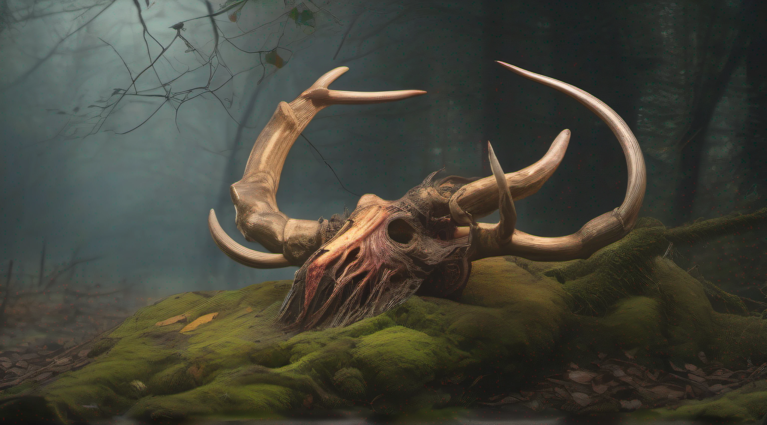 (best quality,4k,8k,highres,masterpiece:1.2),ultra-detailed,(realistic,photorealistic,photo-realistic:1.37),impressionist paint,3D rendering,dead dear with huge horns,deteriorating, worms,bacterias,decay,moss-covered,rotten,fungal growth,misty forest background,subtle sunlight filtering through trees,beautifully textured horns, intricate details on insects,worms crawling, bumpy texture of decaying flesh, vibrant colors blending into each other, contrasting warm and cool tones,soft brushstrokes capturing the organic forms,layered and transparent textures,subdued color palette,ethereal and dreamlike atmosphere,tranquil and haunting