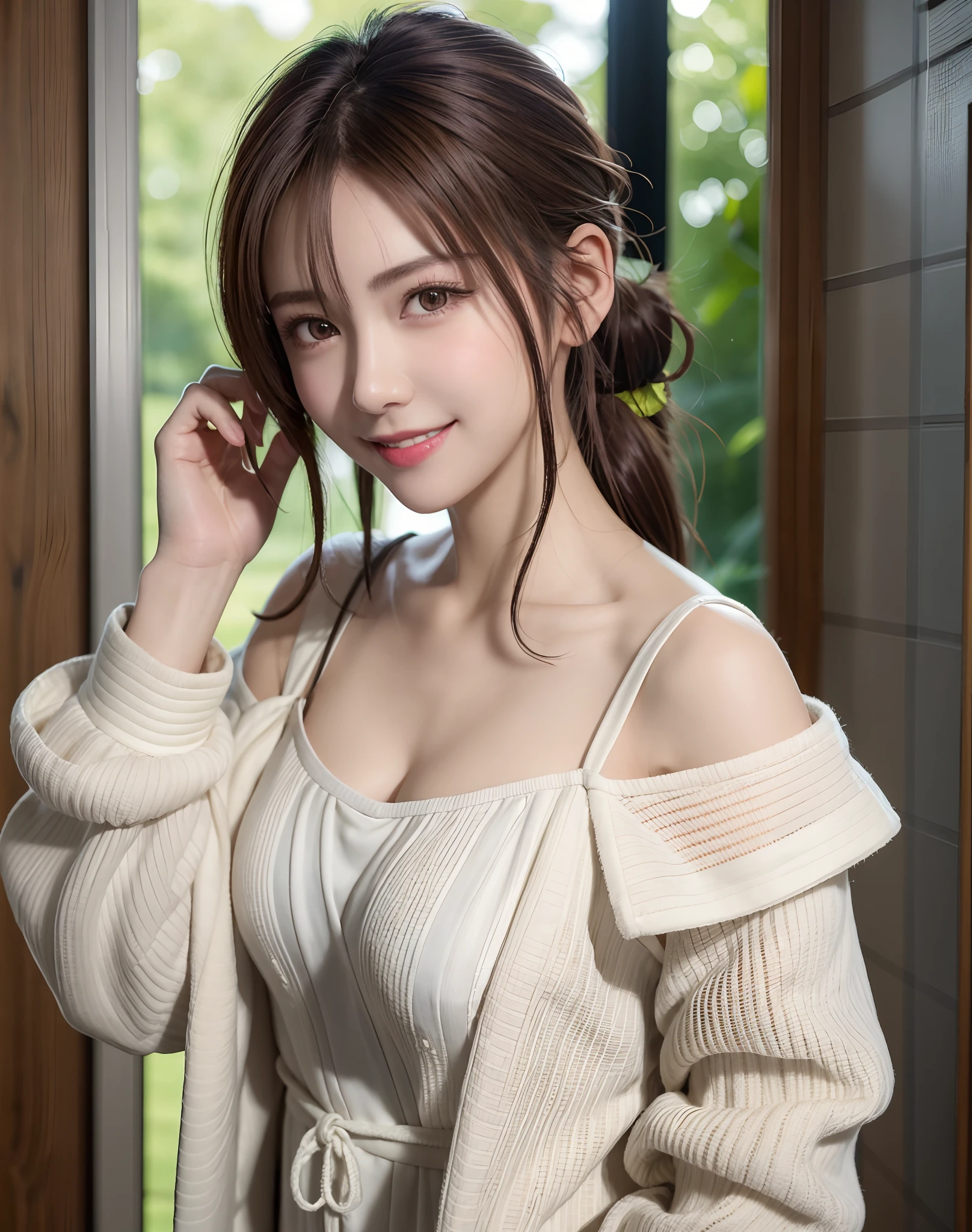 (natta:1.7), East Asian Architecture, 1 girl, sixteen years old、Colossal tits Beautiful shiny straight semi-long、Beautiful fingers,Beautiful long legs,Beauty Body,Cute nose,Beautiful character design,perfect eyes,face perfect,looking at viewert,(Innocent_Big_Eyes:1.0),(light_Smile:0.3),offcial art,ighly detailed ,(tmasterpiece:1.0),(best_quality:1.0), 超A high resolution,4K,ultra - detailed, photography of, 8K, nffsw, hight resolution, the background is blurred, (Beautiful_Face:1.5),(8K,Raw photo, 、Relax at a ryokan in Japan、(The background is a café restaurant at night:1.3),(White tank top&White Beige Shoulder Length Knit Cardigan、Plaid Flared Micro Mini Skirt:1.3),(Colossal tits) Backgrounds with depth Three-dimensional feeling ((White Beige Knitted Camisole、Thin string:1.4)) (Beautiful large breast), (Sitting leaning forward with your chest proudly on the table:1.3)