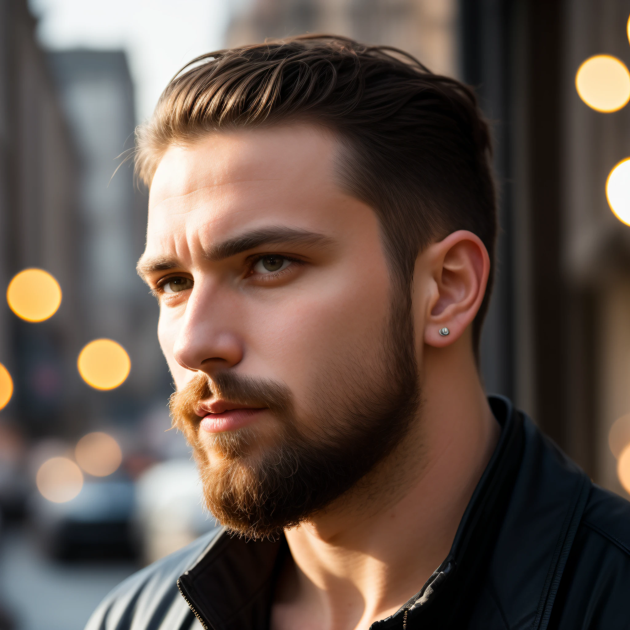 Portrait of a man seen from the side, bearded bald man wearing black jacket and looking at light, ((light bokeh)), intricate, (steel metal [rust]), sharp and elegant focus, photo by greg rutkowski, soft lighting, vibrant colors, (masterpiece), ( (streets)), (detailed face: 1.1), iris of the eye