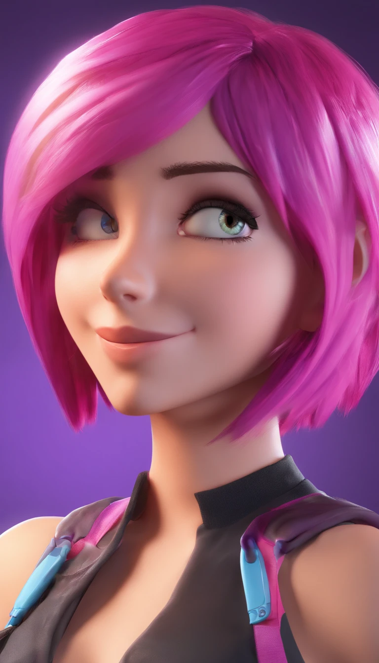 Short purple hair, Girl, presenting armpit, Sleeveless, Open stand, Smile, (full bodyesbian)