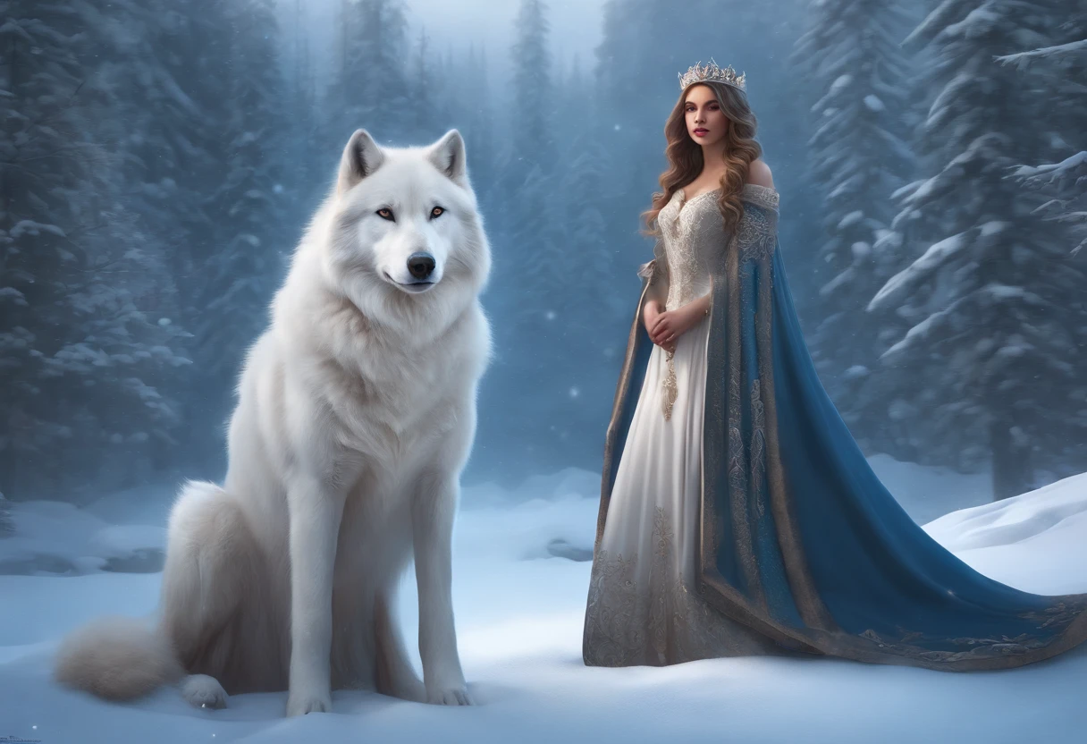 WINTER PRINCESS, WOLVES, WEARING WHITE PRINCESSES DRESSES, WINTER, SNOWING, NATURE, SURRONDED BY WHITE WOLVES,8K, FANTASY, resolution concept art portrait by Greg Rutkowski, Artgerm, WLOP, Alphonse Mucha dynamic lighting hyperdetailed intricately detailed Splash art trending on Artstation triadic colors Unreal Engine 5 volumetric lighting",