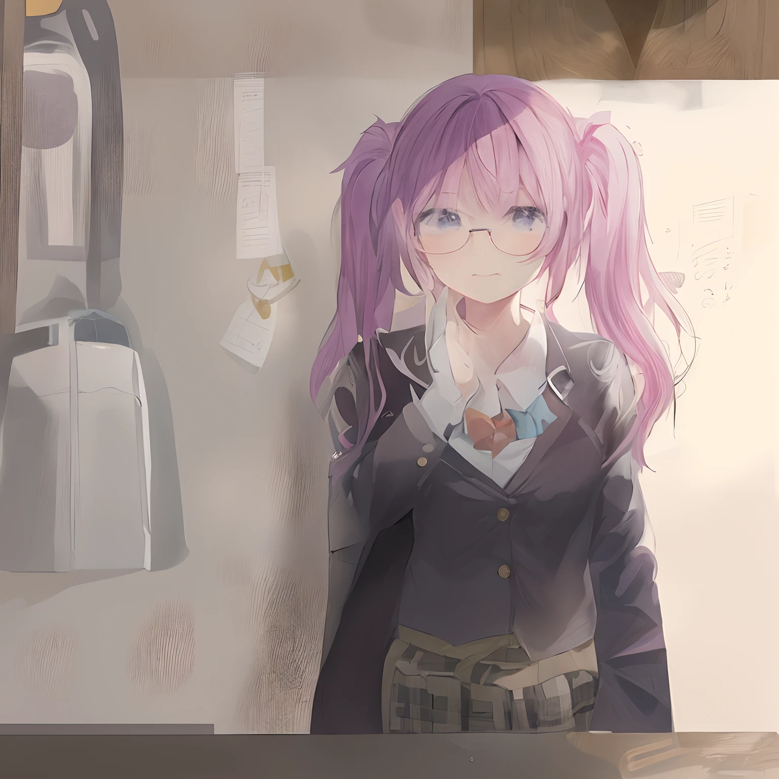 A Japanese high school girl is coming home from school and changing her clothes, exposing her skin.She is wearing a navy blazer, a plaid/checkered skirt, black knee-high socks, and has long pink hair, wearing glasses.The genitals are exposed and conspicuous.I'm changing clothes in my room and I'm naked. She doesn't even wear underwear.