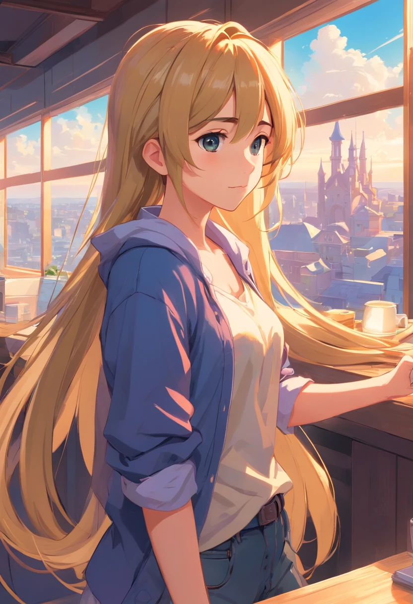 Advancedsense,high qulity,High pixel,Rapunzel sister,clothes details,Hipsters,light colors hair,Sky loft,Character details,Chest D cup