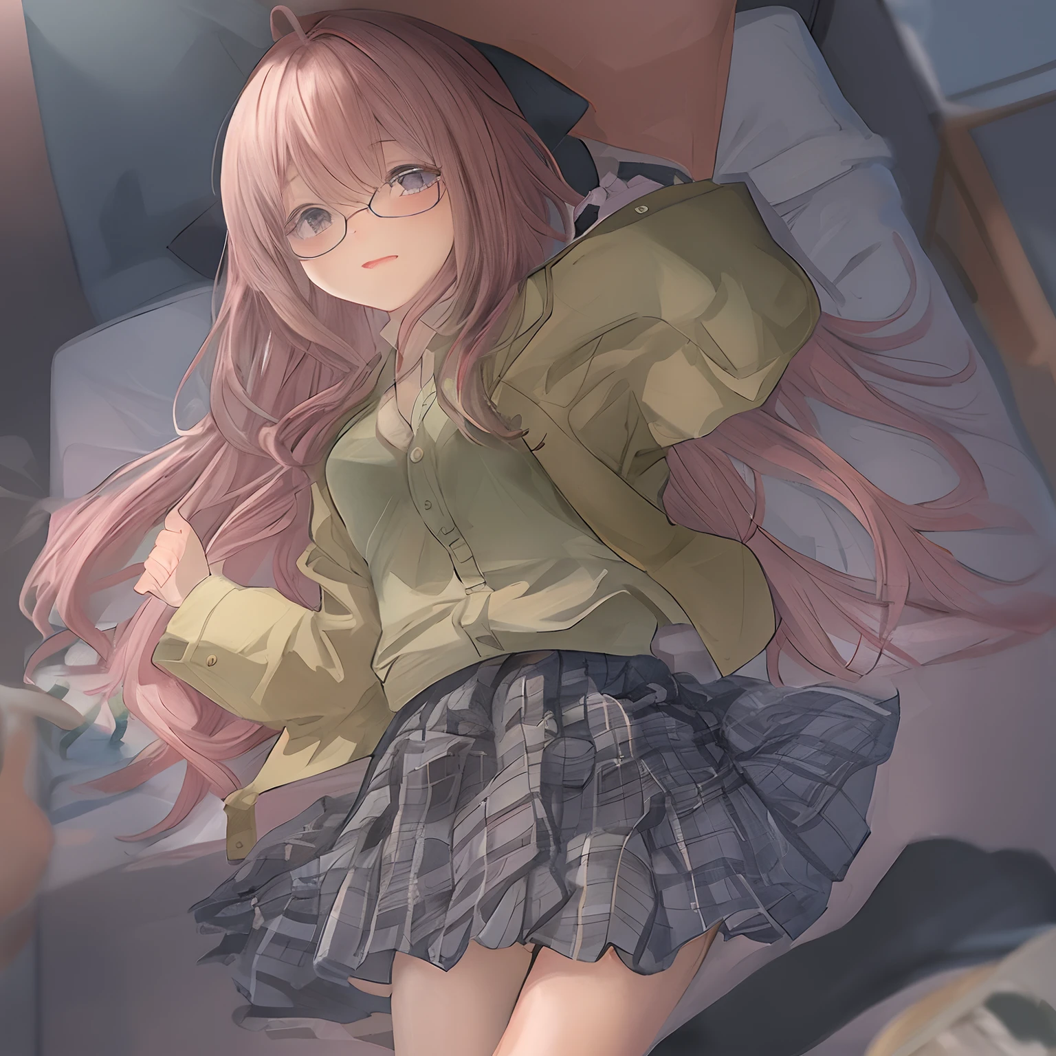 A Japanese high school girl is coming home from school and changing her clothes, exposing her skin.She is wearing a navy blazer, a plaid/checkered skirt, black knee-high socks, and has long pink hair, wearing glasses.The genitals are exposed and conspicuous.I'm changing clothes in my room and I'm naked. She doesn't even wear underwear.