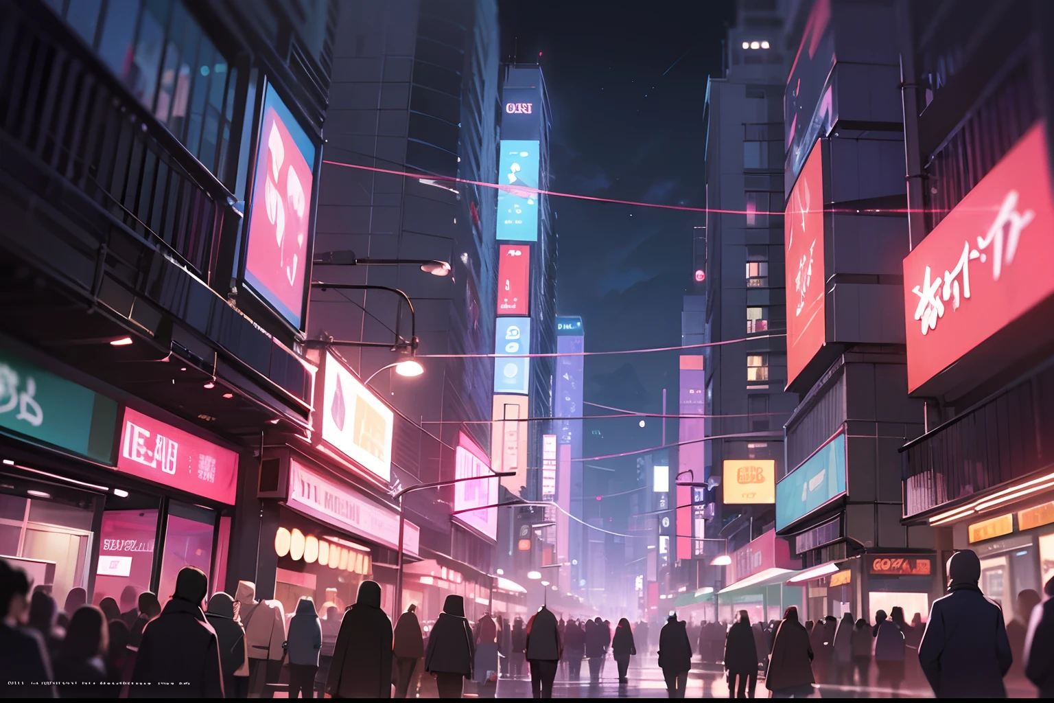 Bright lights and a bustling nightlife, Night, 8K resolution, Very detailed, Clear images, Digital Painting, Concept art, pixiv fashion trends, style of makoto shinkai, eyes focus, Gradient Color Eye, Pedras preciosas_Like eyes