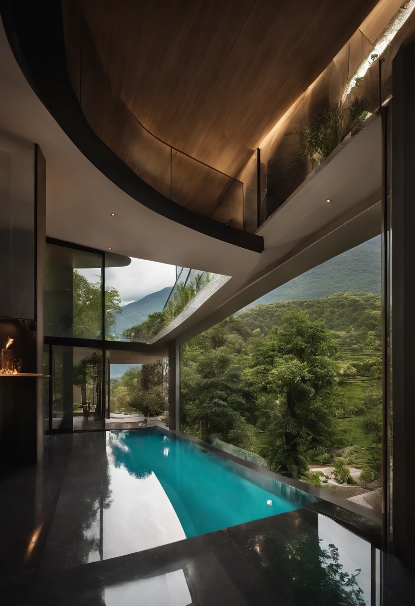 A house with a sense of futuristic technology，Three-story building，Facing the mountains，Facing the lake，Huge swimming pool，Modern architectural style， ultra detailed photographic，buliding，Convoluted，Shadowing, HighDynamicRange，Dynamic lighting, Photorealista, natural soft light, Low H, tmasterpiece, detailed 8k，There are so many details，Large floor-to-ceiling glass，Combining technology and the natural environment，Has a super cool look，