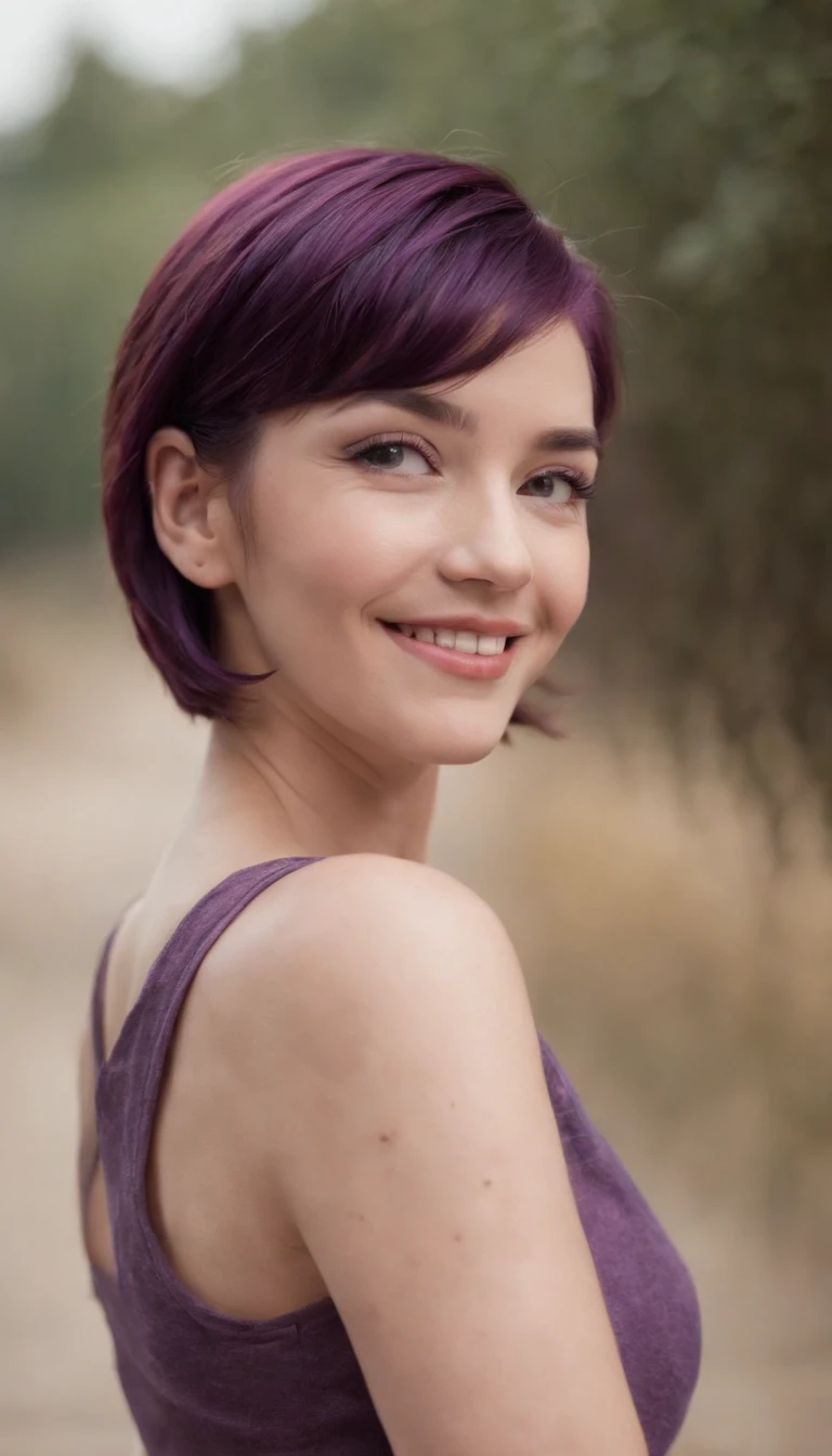 Short purple hair, Girl, presenting armpit, Sleeveless, Open stand, Smile, (full bodyesbian)
