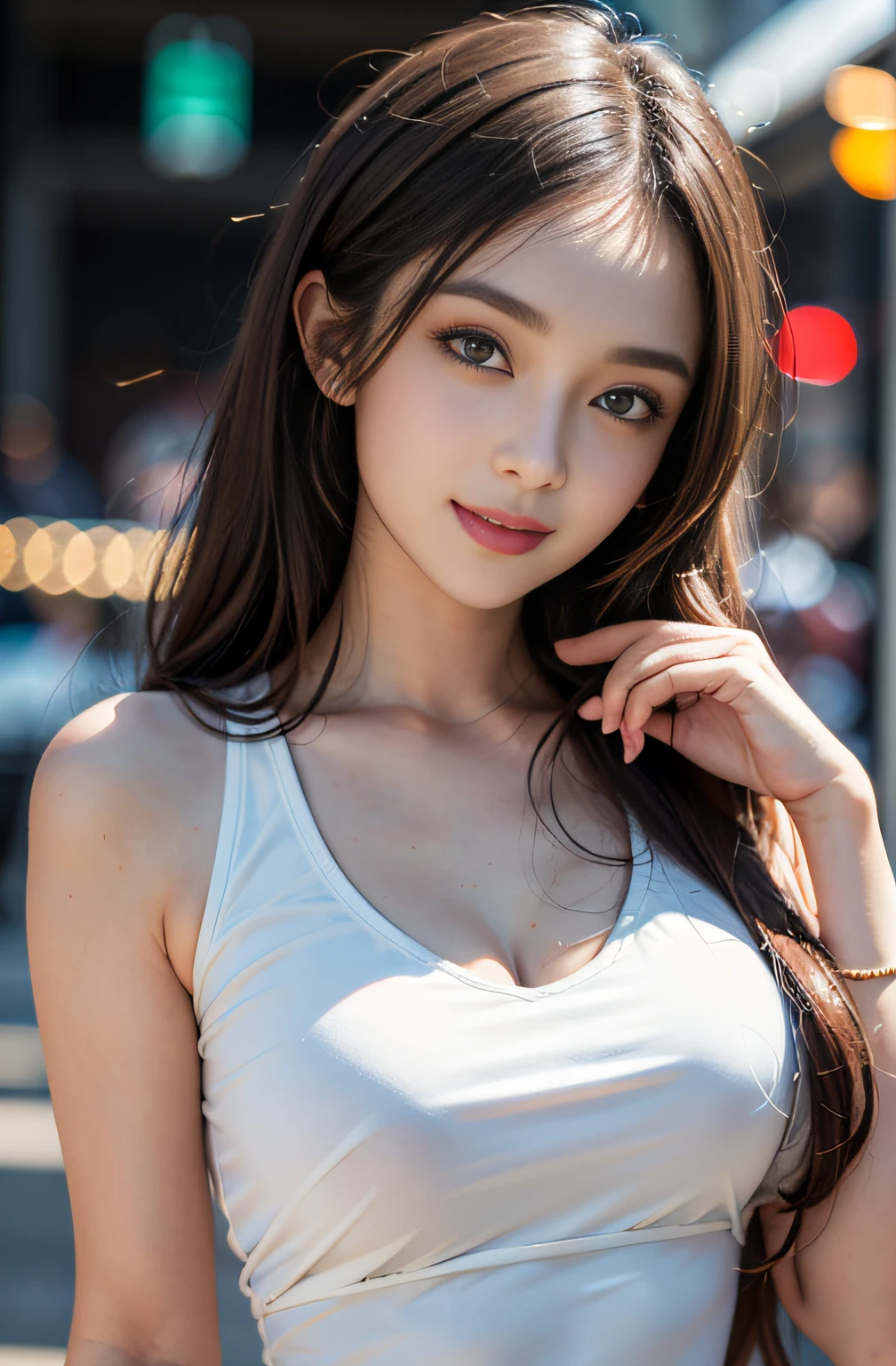 best qualtiy, tmasterpiece, 1girll, beauitful face, (photograph realistic:1.3), edge lit, (highdetailskin:1.2), 8K, Ultra HD, digital SLR camera, high high quality, A high resolution, 4K, 8K, Bokeh, absurderes, Optimal proportions of four fingers and one thumb, (realisticlying:1.3), Cute 1girl, dressed in a white t-shirt, mediuml breasts, Short white dress,A smile of pure sunshine,