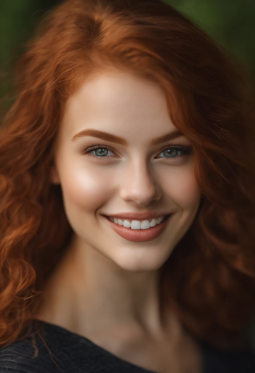 endearing smile, pouty lips, Woman about 18 years old, natural red hair, Characteristic brown eyes, fine facial traits, slender and graceful, beatiful face, ultra sharp focus, realistic shot
