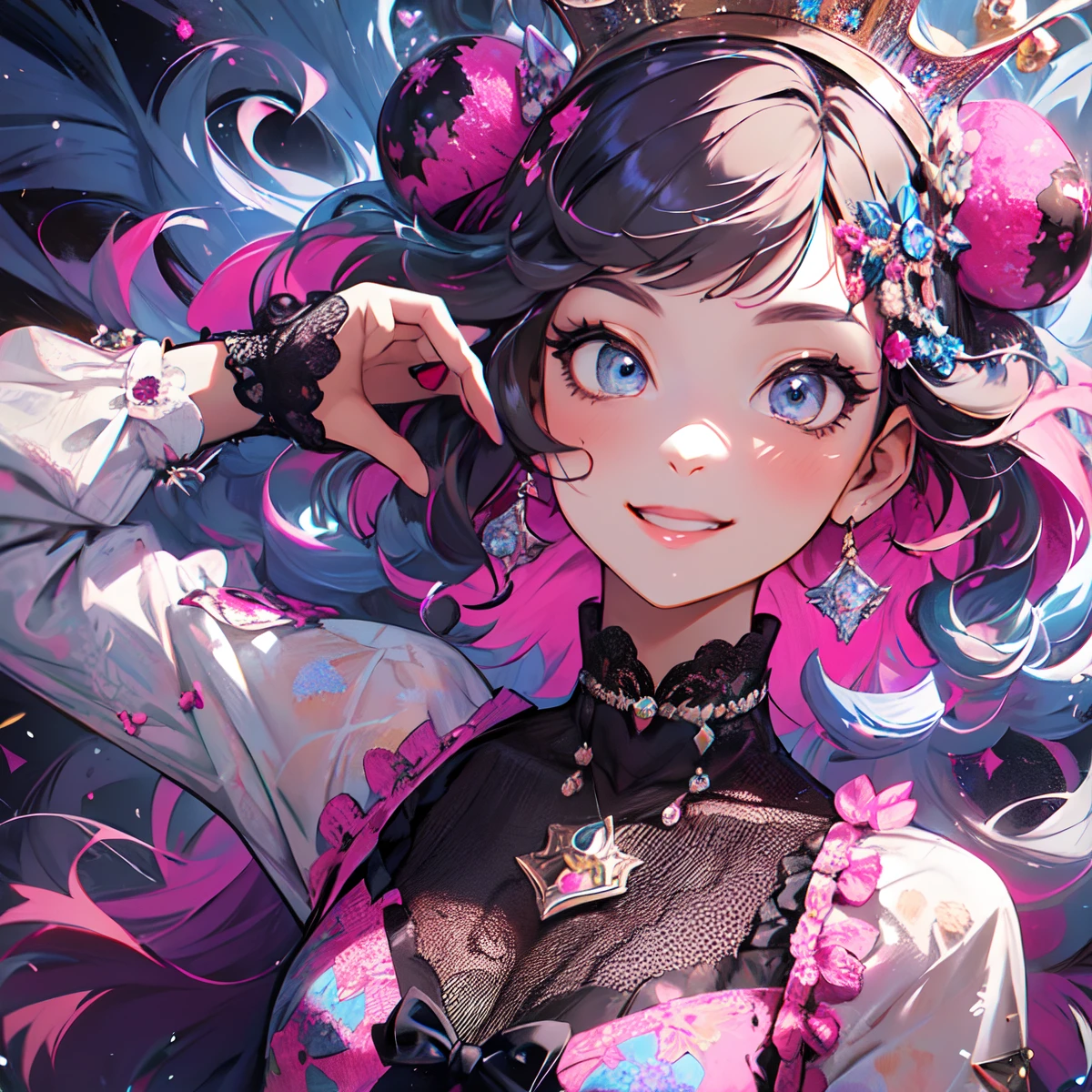 ((Jewelry crown)),Contemporary art born from traces of colorful gemstones、Princess Dresses、masterpiece、ultra-detailliert、pop-art、innocent smiles、eye glass、(1 girl, Solo:1.6),(Cute smile), (Best Impact:1.5), (maximalism:1.7), Vivid contrast, (Realistic), hyperrealistic illustrations, hight resolution, ultra-detailliert, absurderes,(Fractal Art:1.3)、Random hairstyle、Random hair color colorful、FULL BODYSHOT、Retro、Precise focus、randome pose、cinema4d、Drama