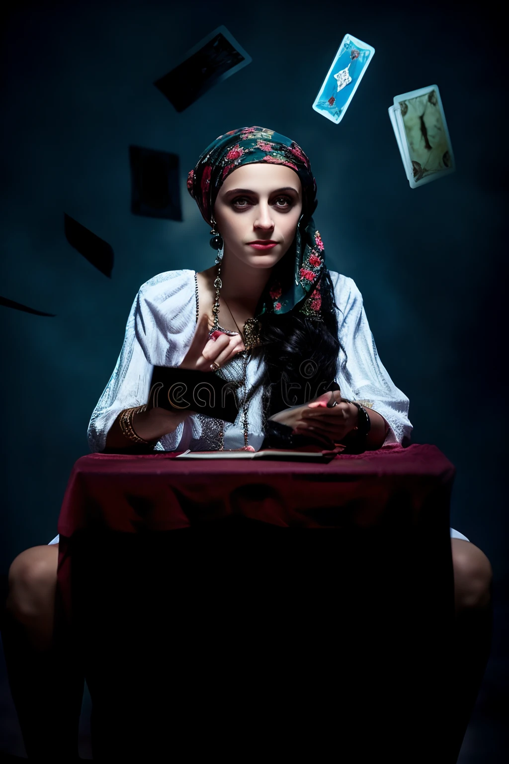 A beautiful woman in a turban sits at the table with cards flying around her, adivinho, as a tarot card, Maga Feminina, Bela Stella Maeve Magician, gorgeous stella maeve magician, maga feminina de fantasia sombria, tarot cards characters, tarot cards!!, bruxa pagando por seus pecados, tarot style, dressed as an oracle, sacerdotisa, psychic girl, spell casting