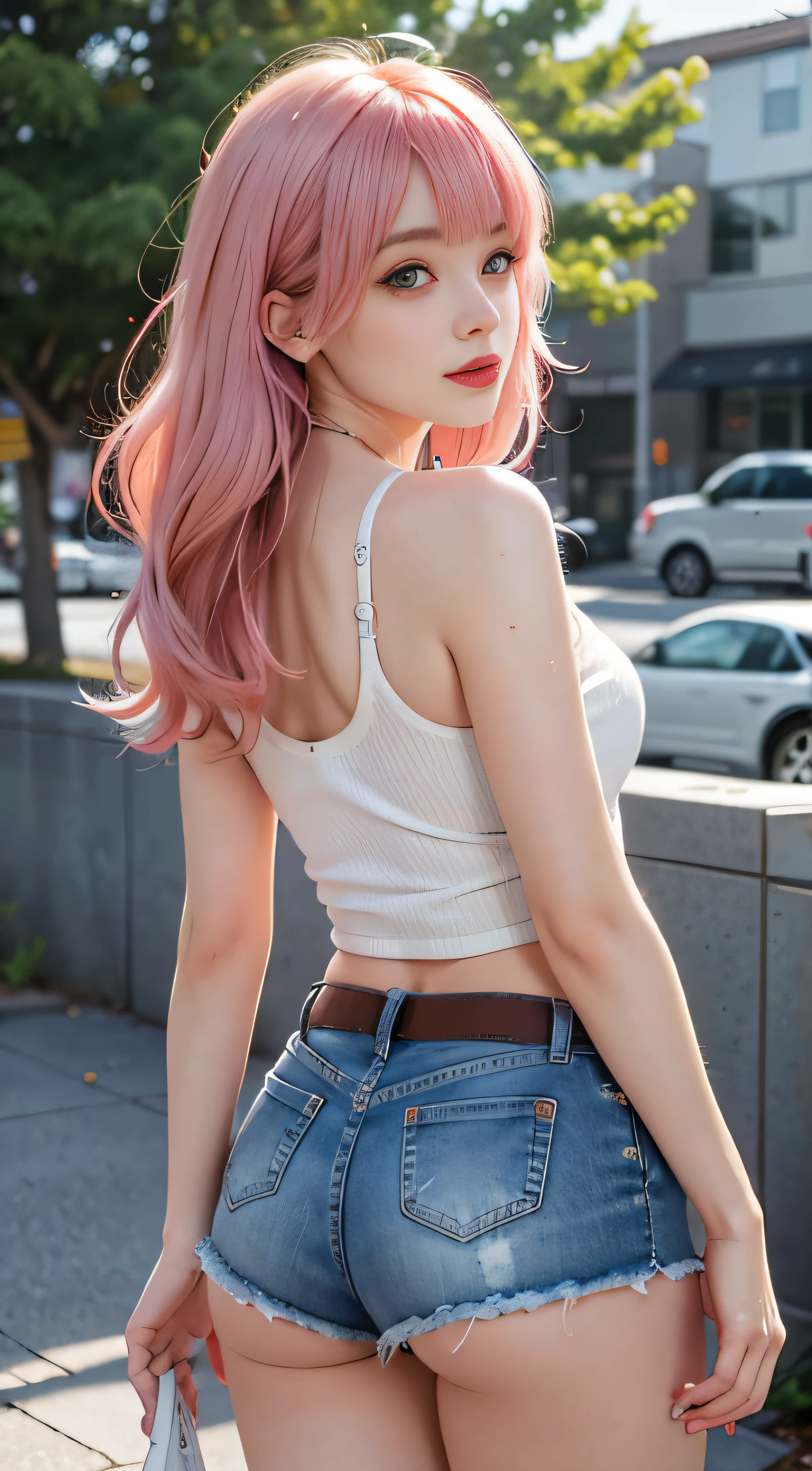 1girl in, Pink hair, Blunt bangs, Bangs, Long hair, Wet hair, makeup, lightsmile, Parted lips, Bright pupils, One-person viewpoint, Wide Shot, from behind, Sideways, F/1.8, 135 mm, canon, nffsw, retinas, masutepiece, ccurate, Anatomically correct, Textured skin, Super Detail, high details, High quality, Best Quality, hight resolution, 1080p, hard disk, 4K, White tank top in 8K、Denim Mini Skirt White lace panties